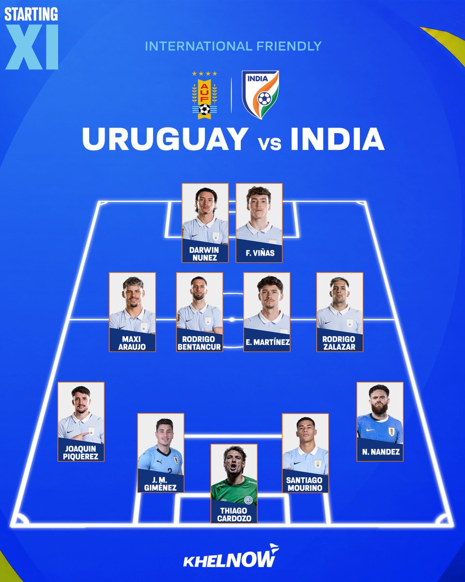 KhelNow's tweet photo. 🇺🇾 Uruguay's starting XI to face India!

La Celeste are ready for the clash. ⚽️🔥

#Uruguay #INDURU #IndianFootball https://t.co/w6na6n9SwI