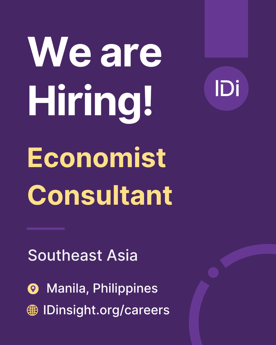 IDinsight's tweet photo. 📣 We're hiring an Economist Consultant in Manila, Philippines!

If you: 
📈 Love applied economics and want your work to help leaders make better decisions,
 🧩 Enjoy new problems and know how to keep methods strong within tight timelines and budgets, and
 🗣️ Can turn complex analysis into clear, simple advice.

This role is for you!
JD in the thread 🧵⤵️