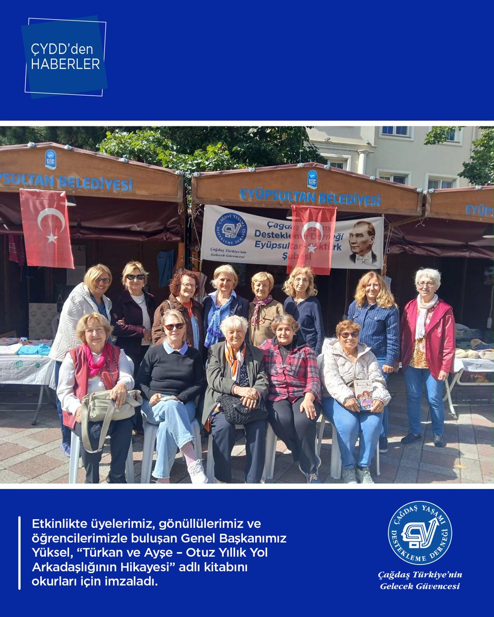 CagdasYasamDD's tweet photo. Genel Başkanımız Prof. Dr. Ayşe Yüksel, Göktürk Şubemiz tarafından 2–4 Ekim tarihlerinde gerçekleştirilen El Emeği Ürünler Sergisi’ne katıldı.

Etkinlikte üyelerimiz, gönüllülerimiz ve öğrencilerimizle buluşan Genel Başkanımız Yüksel, “Türkan ve Ayşe – Otuz Yıllık Yol Arkadaşlığının Hikayesi” adlı kitabını okurları için imzaladı.