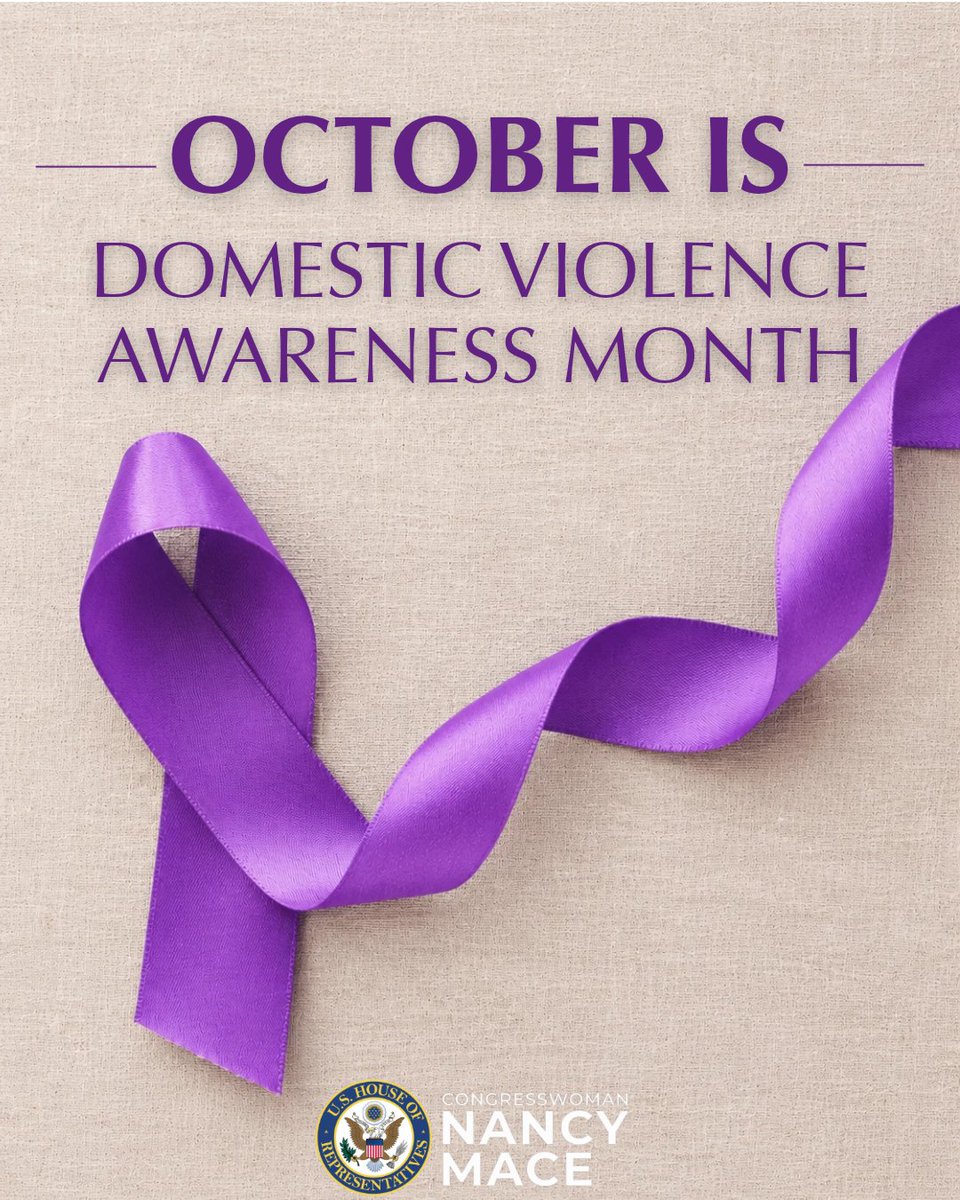 RepNancyMace's tweet photo. This October, we recognize Domestic Violence Awareness Month and reaffirm our commitment to protecting victims, supporting survivors, and holding abusers accountable.

Every survivor deserves to be heard, believed, and protected. We will never stop working to ensure victims have the support they need to find safety, healing, and justice.

If you or someone you know is experiencing domestic violence, help is available. Call or text the National Domestic Violence Hotline at 1-800-799-7233 or text "START" to 88788. 

You are not alone. 💜