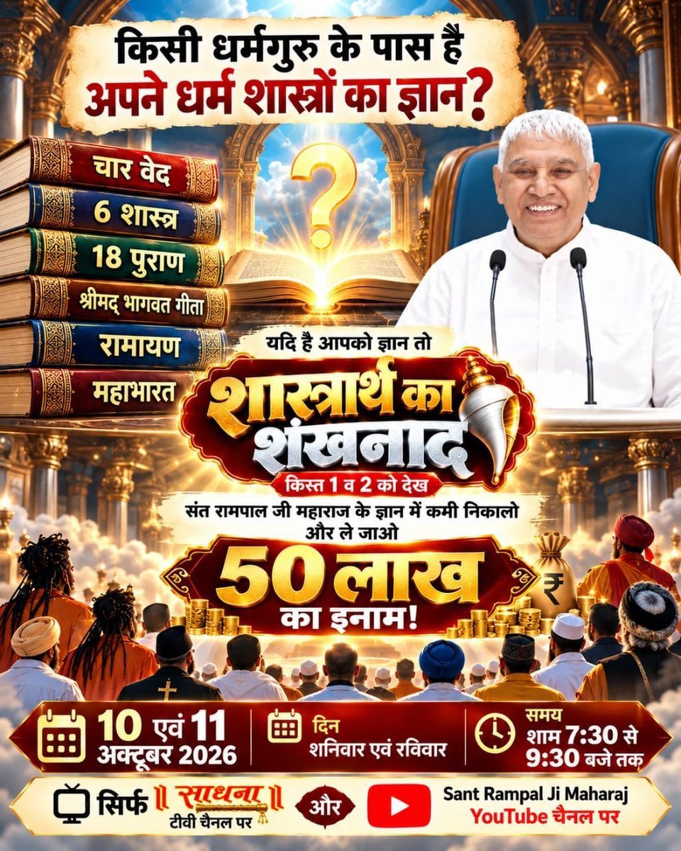 MohanAlawa6's tweet photo. #शास्त्रार्थ_का_शंखनाद_10_Oct
क्या किसी धर्मगुरु के पास संपूर्ण शास्त्र ज्ञान है? Sant Rampal Ji Maharaj जी का खुला शास्त्रार्थ आमंत्रण। ज्ञान में कमी निकालो, 50 लाख इनाम ले जाओ। 10-11 अक्टूबर 2026, शाम 7:30 से 9:30, साधना टीवी और YouTube चैनल पर देखें।
50Lakh By Sant RampalJi https://t.co/xwnlNw99Mi