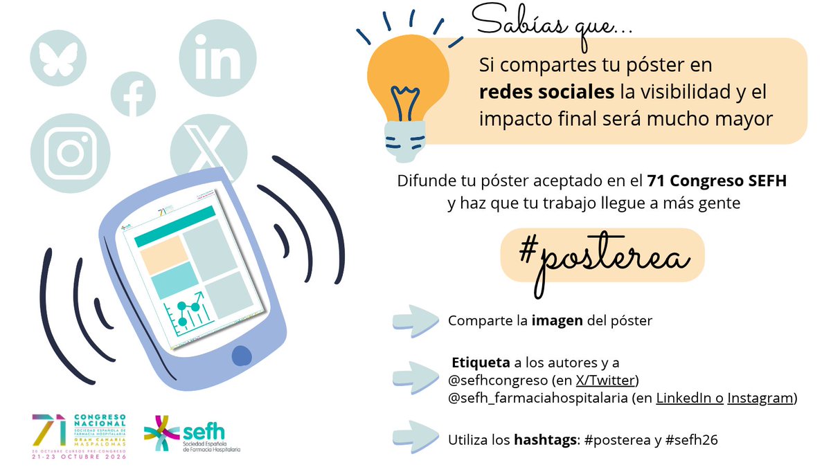 sefhcongreso's tweet photo. 📣 ¡Vuelve #posterea!

¿Tu póster está aceptado en el 71 Congreso SEFH? ¡Compártelo y dale más visibilidad!

🖼️ Publica la imagen del e-póster
👥 Etiqueta a los autores
📲 Menciona a @sefhcongreso
🏷️ Usa #posterea y #sefh26

¡Que tu trabajo llegue más lejos! https://t.co/QyRSC8t7Lh
