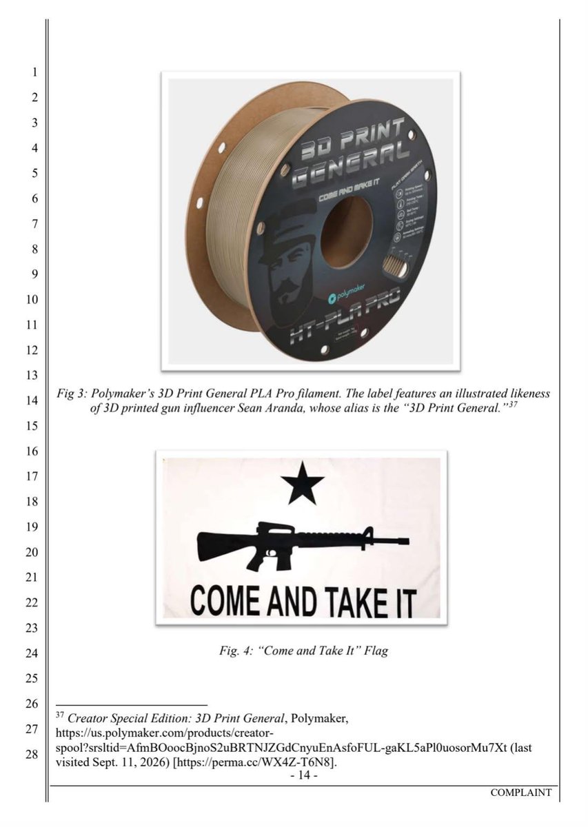 ModeratorGage's tweet photo. San Diego County is suing Polymaker. Why you ask? Marketing. Polymaker is a community standard for many of us in this community they have great materials and fantastic quality. Any printer whether printing firearms or not knows this. So a county in the state of California decided to target Polymaker. Polymaker has always marketed to us because their quality and in the majority of the US gunsmithing is completely legal as well as PMFs. Included in the lawsuit are references to a good friend of our Sean a man known as the 3DPrintGeneral. An absolute legend in 3d printing who got his start printing firearms and now focuses on content around new printers and materials. 

"The company created firearm-themed products, partnered with gun-printing influencers, paid affiliates to promote its filament to gun-printing audiences, provided technical guidance for firearm applications and engaged directly with online communities devoted to printing guns," the County statement said."

So now communities like ours who follow the law and use materials because of quality are an enemy to California.  They can and will sue regardless of any of this making sense regardless of the state, regardless of regulations or free speech. The goal isn't to win. The goal is to force the companies to burn money. The idea is that the companies will avoid doing whatever the plaintiffs are suing them over to prevent further headaches.