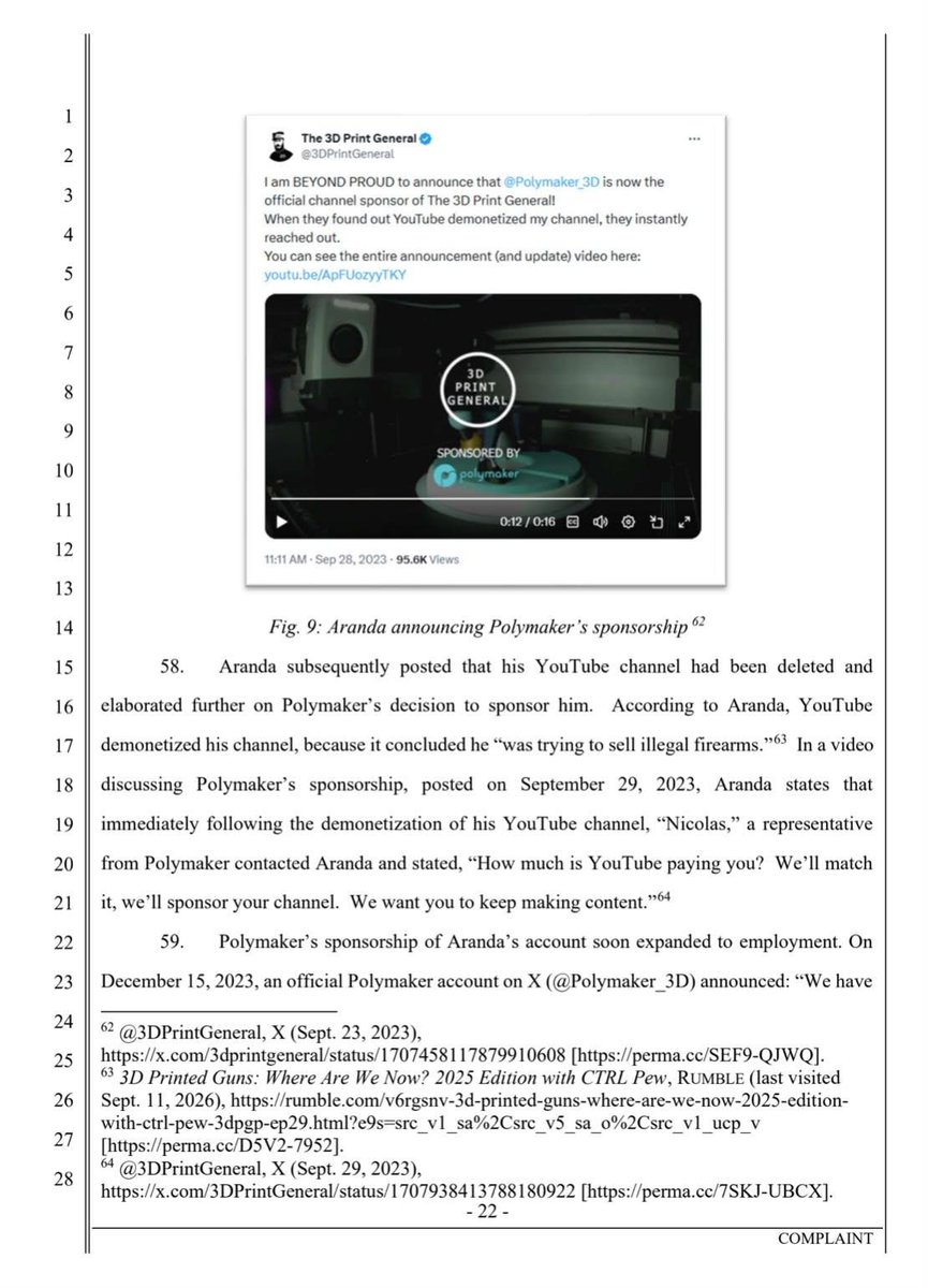 ModeratorGage's tweet photo. San Diego County is suing Polymaker. Why you ask? Marketing. Polymaker is a community standard for many of us in this community they have great materials and fantastic quality. Any printer whether printing firearms or not knows this. So a county in the state of California decided to target Polymaker. Polymaker has always marketed to us because their quality and in the majority of the US gunsmithing is completely legal as well as PMFs. Included in the lawsuit are references to a good friend of our Sean a man known as the 3DPrintGeneral. An absolute legend in 3d printing who got his start printing firearms and now focuses on content around new printers and materials. 

"The company created firearm-themed products, partnered with gun-printing influencers, paid affiliates to promote its filament to gun-printing audiences, provided technical guidance for firearm applications and engaged directly with online communities devoted to printing guns," the County statement said."

So now communities like ours who follow the law and use materials because of quality are an enemy to California.  They can and will sue regardless of any of this making sense regardless of the state, regardless of regulations or free speech. The goal isn't to win. The goal is to force the companies to burn money. The idea is that the companies will avoid doing whatever the plaintiffs are suing them over to prevent further headaches.