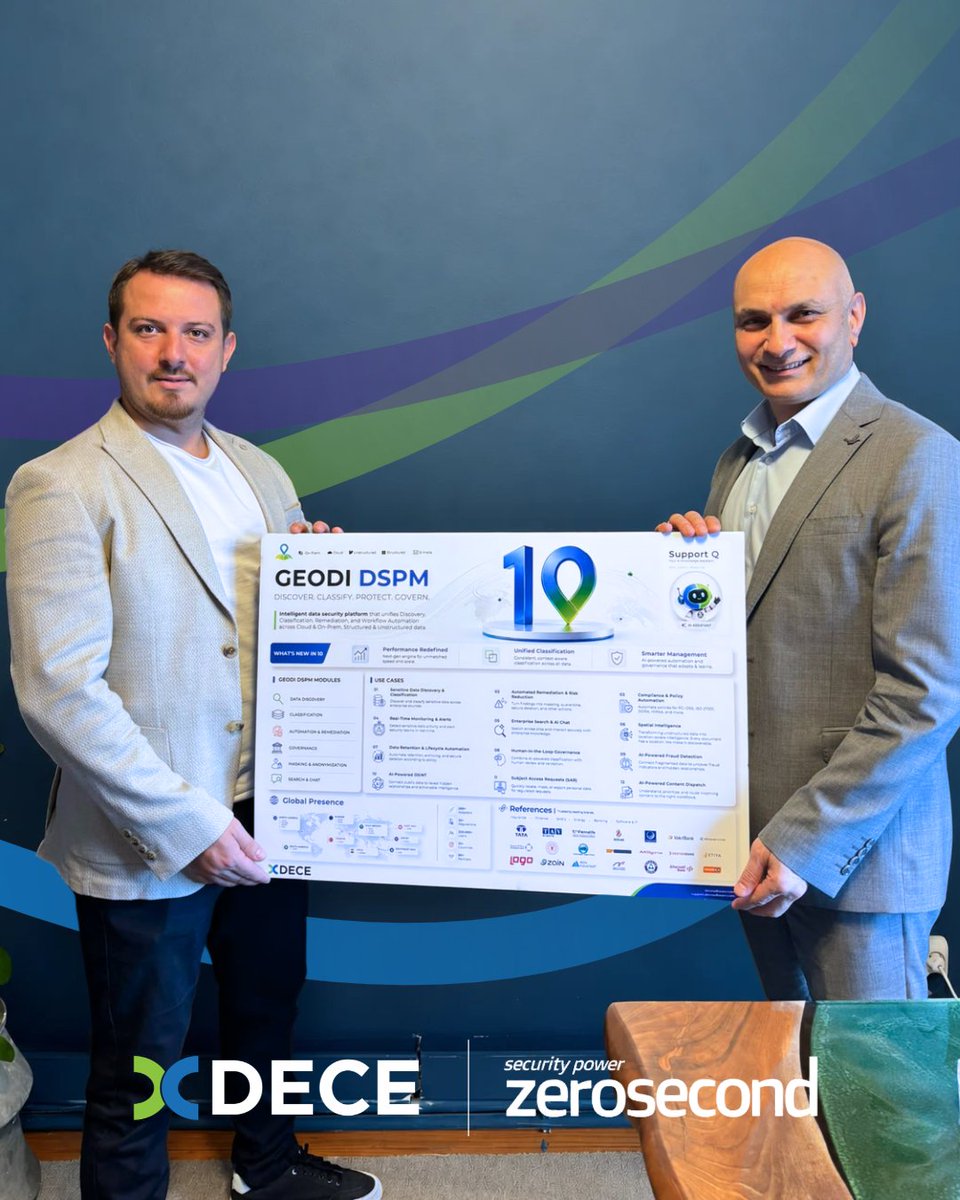 SoftwareDECE's tweet photo. A productive meeting with the Zero Second 
team, focused on GEODI 10 and enterprise data security

We shared the latest developments across GEODI and presented our GEODI product and solutions poster, bringing the platform’s key capabilities together in a single view  #GEODI #DSPM https://t.co/rRWOt4t9Pm