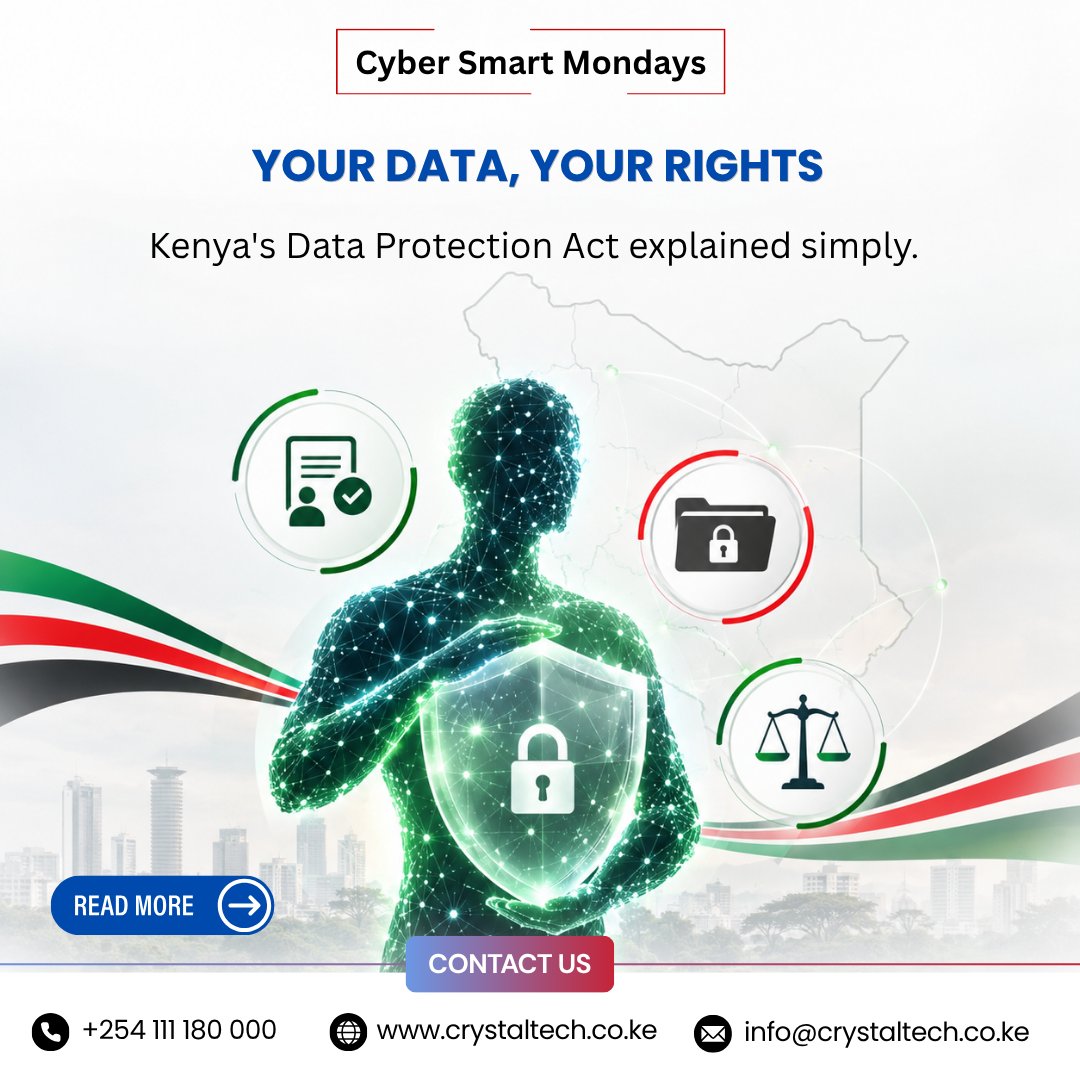 CrystalTechKe's tweet photo. Who holds your data and how is it being used?

Kenyans share personal data every day. Know your rights under the Data Protection Act, 2019 and businesses, collect only what you need, secure it, and protect trust.

Your data. Your rights. Our responsibility.

#CyberSmartMonday https://t.co/O6jnZombL8