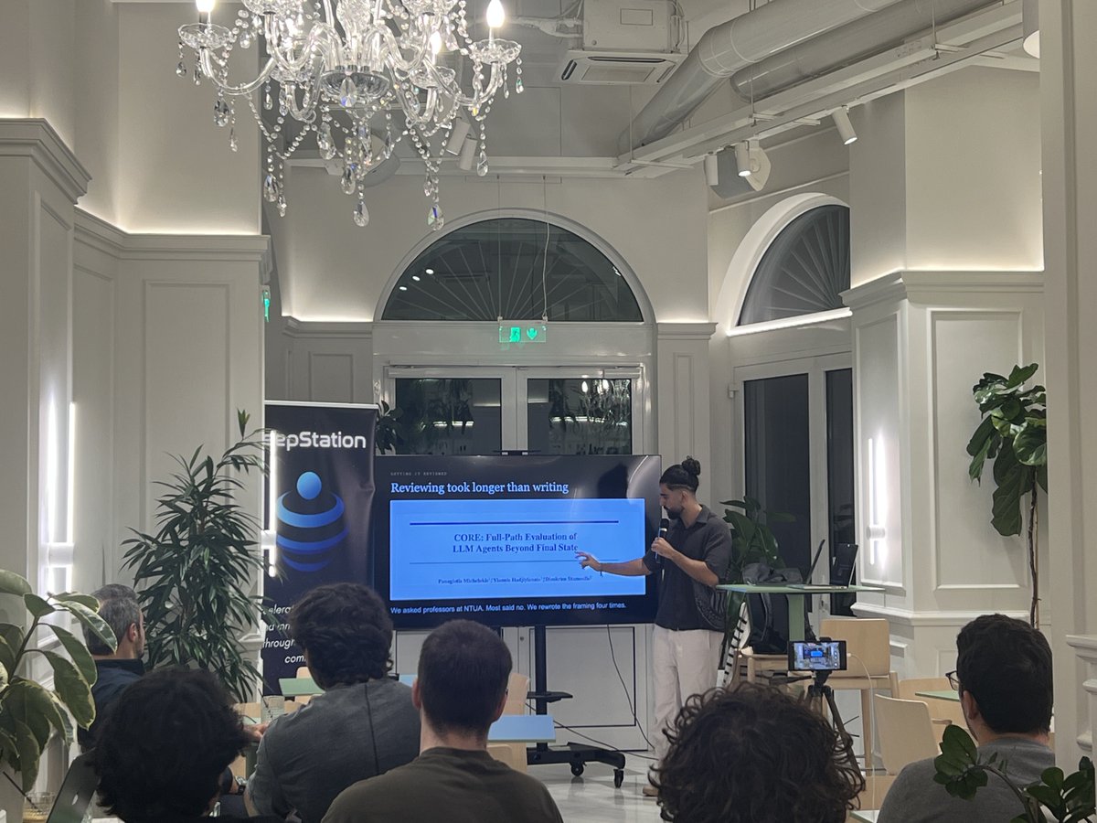 DeepStationAI's tweet photo. 🎙️ DeepStation Greece in Athens is excited to share the post-event summary and photos from last week on a journey from idea to NeurIPS paper, and how the paper led to an independent AI research lab!

🔬 Building and Scaling an Independent AI Research Lab:
Panos Michelakis (Co-Founder and Lead Researcher, Synkrasis Labs) traced it back to an event in Athens, where he and his friend Giannis started talking through an idea they kept building on the side, beyond their day jobs.

That idea became a paper accepted at NeurIPS, which they presented at the poster session in San Diego, and the side project became Synkrasis Labs, now about fifteen people strong. He didn't skip the hard part either: "We asked professors at NTUA. Most said no. We rewrote the framing four times."

Key Takeaways:
🔹 Research didn't need an institution: two friends grew into a team of about fifteen, doing it "for the fun and for the love of the game."
🔹 In 2024, with tool calling brand new, they set out to measure the whole path an AI agent takes, not just its final answer.
🔹 Getting the paper reviewed took longer than writing it, and help came from a stranger on LinkedIn.

Thank you to Panos for sharing the whole journey, rejections included. A huge thank you to Pi55 for hosting DeepStation in their amazing space once again, and to Natalia Vavoula for hosting the night.

Deep and special appreciation to the DeepStation Greece team who made it happen:
Natalia Vavoula
Apostolos Chardalias
Christina Petsa 🇬🇷

🌉 Athens, see you at the next one!