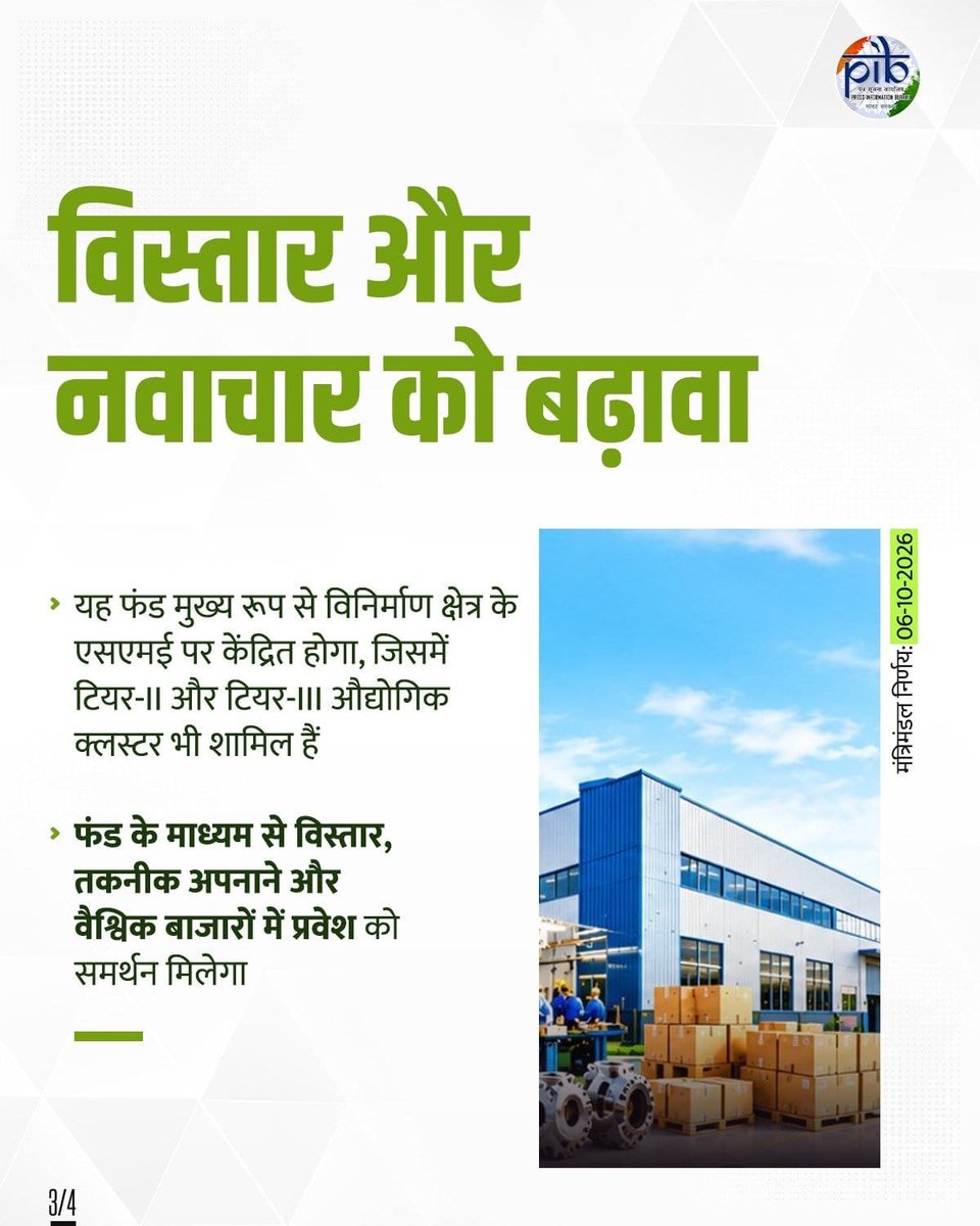 DrMohanYadav51's tweet photo. छोटे और मध्यम उद्योगों के विकास के लिए ऐतिहासक निर्णय...

आदरणीय प्रधानमंत्री श्री @narendramodi जी की अध्यक्षता में आज केंद्रीय मंत्रिमंडल ने लघु एवं मध्यम उद्यमों (SMEs) में प्रत्यक्ष इक्विटी निवेश के लिए ₹10,000 करोड़ के SME Growth Fund की स्थापना को मंजूरी मिली है।

इससे छोटे और मध्यम उद्यमों को कारोबार बढ़ाने, नई तकनीक अपनाने, उत्पादन क्षमता बढ़ाने और अंतरराष्ट्रीय बाजारों में विस्तार के लिए आवश्यक वित्तीय सहायता मिलेगी। टियर-II और टियर-III शहरों में निवेश से औद्योगिक विकास और रोजगार के नए अवसर भी बढ़ेंगे।

इस निर्णय के लिए यशस्वी प्रधानमंत्री जी का आभार।

#CabinetDecisions
