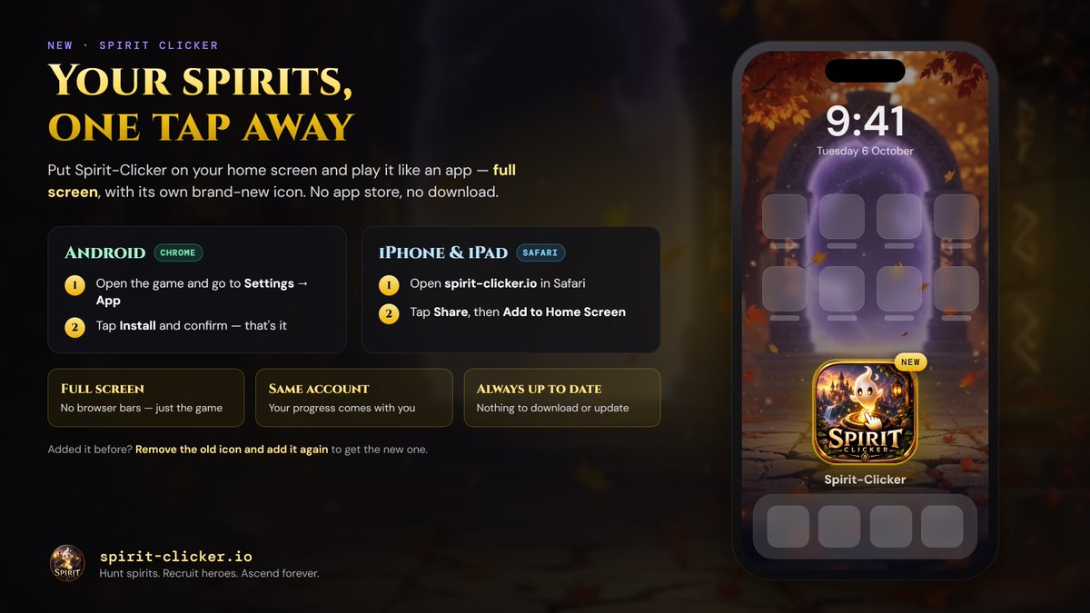 SpiritClicker's tweet photo. 📱 Spirit-Clicker now lives on your home screen!

Play it like an app: full screen, with a brand-new icon. No app store, no download.

🤖 Android: Settings → App → Install
🍎 iPhone: Safari → Share → Add to Home Screen
Same account, same progress, always up to date.

👻 https://t.co/OcRu2t8psh