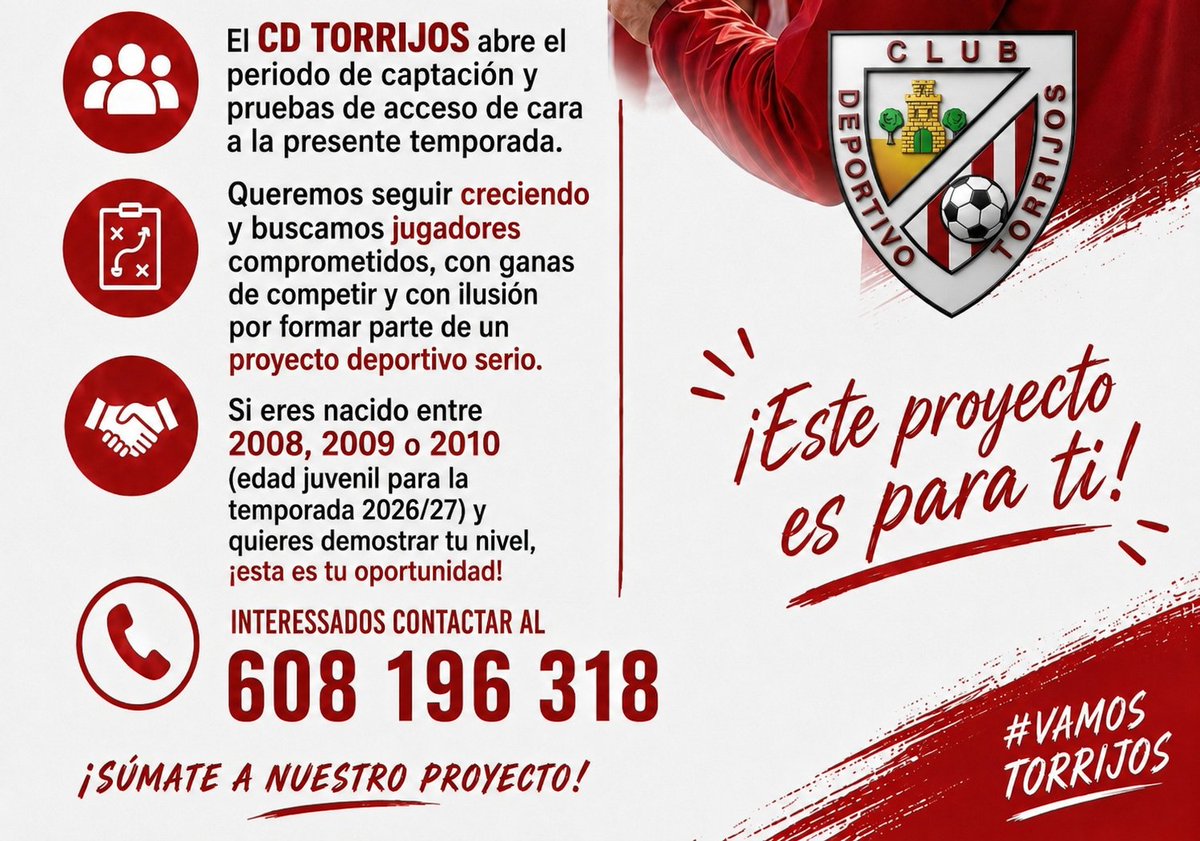 CanteraTorrijos's tweet photo. ⚽ ¡BUSCAMOS TALENTO PARA NUESTRO JUVENIL TERRITORIAL! 

Abrimos el periodo de captación y pruebas de acceso de cara a la presente temporada. Queremos seguir creciendo y buscamos jugadores comprometidos, con ganas de competir y con ilusión por formar parte de un proyecto serio. https://t.co/0z783VyRm0