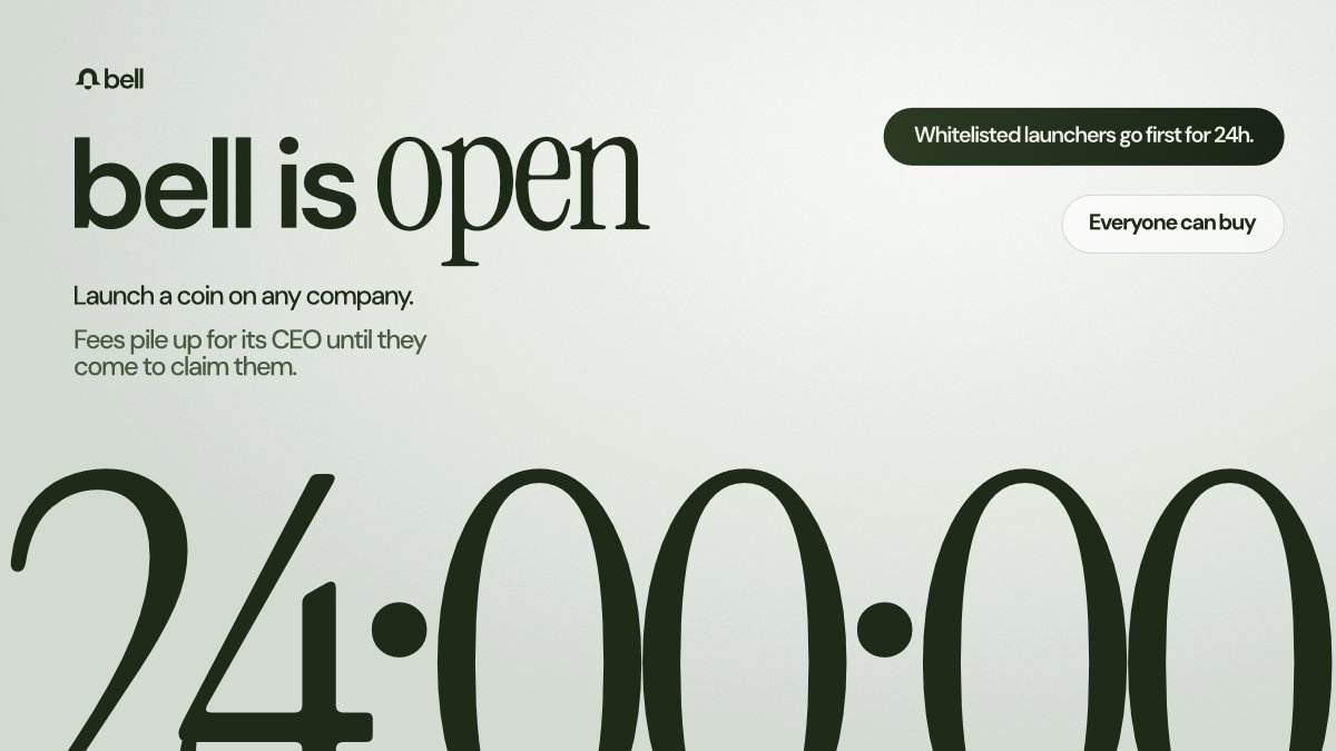 bellpaddotfun's tweet photo. The bell rings.

From today, every company on earth can have a coin.
And somewhere, fees are already piling up for a CEO who has no idea.

Whitelisted launchers go first for 24h. Everyone can buy.

bell is open.

https://t.co/hxvzAjA1sy https://t.co/fpvQpWIVxL
