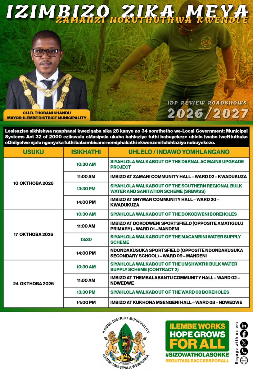 KZDC29's tweet photo. 📢 Join us at the Water &amp; Sanitation Izimbizo. Have your say on development priorities, service delivery &amp; infrastructure projects in your community. 
📍 KwaDukuza (10 Oct) 📍 Mandeni (17 Oct) 📍 Ndwedwe (24 Oct)
#MayoralWaterImbizo #iLembeWorksHopeGrowsForAll #Sizowatholasonke https://t.co/uLYgT6TeRf