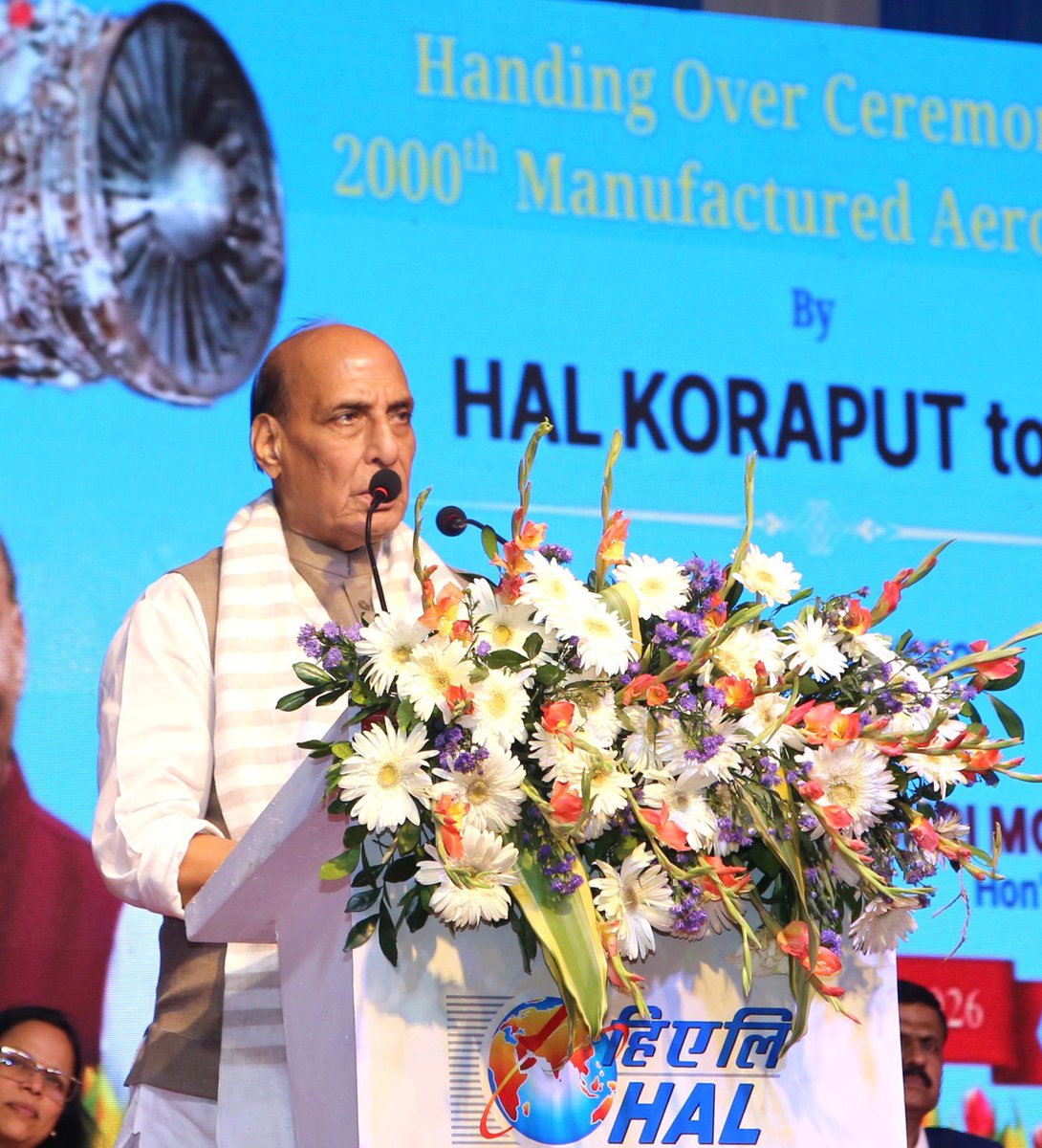 DefProdnIndia's tweet photo. Raksha Mantri Shri Rajnath Singh witnessed the delivery of the 2,000th aero-engine by Hindustan Aeronautics Limited (HAL), Koraput Division and announced the establishment of a second production line for Shakti engines on 06th October 2026.

During his address, Raksha Mantri highlighted the proposed investment of around Rs 5,000 crore, indigenisation of raw materials in partnership with Mishra Dhatu Nigam Limited (MIDHANI) and establishment of India’s first indigenous high-thrust engine testing facility. 

Raksha Mantri highlighted that HAL is enhancing annual AL-31FP production capacity from 30 to 50 engines with an investment of Rs 335 crore. He also stated that the second proposed Shakti engine production line with an investment of Rs 218 crore will manufacture up to 100 engines annually and is scheduled to be fully established by 2028-29.

RM called for strengthening indigenous capabilities in the design, development, testing, manufacturing and maintenance of advanced aero-engines, stressing that mastery of propulsion technology is essential for self-reliance in the aerospace and defence sector.

Chief Minister of Odisha Shri Mohan Charan Majhi, Secretary (Defence Production) Shri Sanjeev Kumar, Deputy Chief of the Air Staff Air Marshal Tejal Singh, Joint Secretary (Aero) Ms Manisha Chandra, CMD, HAL Shri Ravi K and CMD, MIDHANI Dr S.V.S. Narayana Murty were also present on the occasion.

Details: https://t.co/FiCBgyHIFl

#DefenceProduction #Aerospace #HAL #Indigenisation #AatmanirbharBharat #AatmanirbharDefence #MakeInIndia #DefenceManufacturing #AMCA