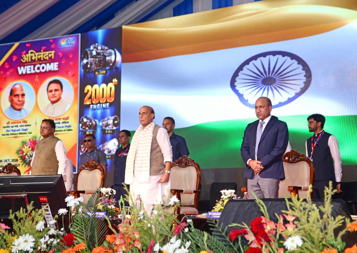 DefProdnIndia's tweet photo. Raksha Mantri Shri Rajnath Singh witnessed the delivery of the 2,000th aero-engine by Hindustan Aeronautics Limited (HAL), Koraput Division and announced the establishment of a second production line for Shakti engines on 06th October 2026.

During his address, Raksha Mantri highlighted the proposed investment of around Rs 5,000 crore, indigenisation of raw materials in partnership with Mishra Dhatu Nigam Limited (MIDHANI) and establishment of India’s first indigenous high-thrust engine testing facility. 

Raksha Mantri highlighted that HAL is enhancing annual AL-31FP production capacity from 30 to 50 engines with an investment of Rs 335 crore. He also stated that the second proposed Shakti engine production line with an investment of Rs 218 crore will manufacture up to 100 engines annually and is scheduled to be fully established by 2028-29.

RM called for strengthening indigenous capabilities in the design, development, testing, manufacturing and maintenance of advanced aero-engines, stressing that mastery of propulsion technology is essential for self-reliance in the aerospace and defence sector.

Chief Minister of Odisha Shri Mohan Charan Majhi, Secretary (Defence Production) Shri Sanjeev Kumar, Deputy Chief of the Air Staff Air Marshal Tejal Singh, Joint Secretary (Aero) Ms Manisha Chandra, CMD, HAL Shri Ravi K and CMD, MIDHANI Dr S.V.S. Narayana Murty were also present on the occasion.

Details: https://t.co/FiCBgyHIFl

#DefenceProduction #Aerospace #HAL #Indigenisation #AatmanirbharBharat #AatmanirbharDefence #MakeInIndia #DefenceManufacturing #AMCA