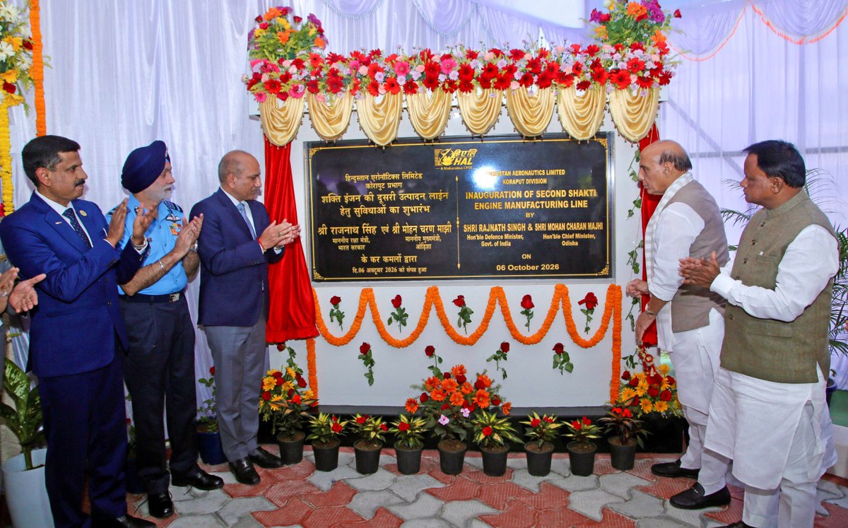 DefProdnIndia's tweet photo. Raksha Mantri Shri Rajnath Singh witnessed the delivery of the 2,000th aero-engine by Hindustan Aeronautics Limited (HAL), Koraput Division and announced the establishment of a second production line for Shakti engines on 06th October 2026.

During his address, Raksha Mantri highlighted the proposed investment of around Rs 5,000 crore, indigenisation of raw materials in partnership with Mishra Dhatu Nigam Limited (MIDHANI) and establishment of India’s first indigenous high-thrust engine testing facility. 

Raksha Mantri highlighted that HAL is enhancing annual AL-31FP production capacity from 30 to 50 engines with an investment of Rs 335 crore. He also stated that the second proposed Shakti engine production line with an investment of Rs 218 crore will manufacture up to 100 engines annually and is scheduled to be fully established by 2028-29.

RM called for strengthening indigenous capabilities in the design, development, testing, manufacturing and maintenance of advanced aero-engines, stressing that mastery of propulsion technology is essential for self-reliance in the aerospace and defence sector.

Chief Minister of Odisha Shri Mohan Charan Majhi, Secretary (Defence Production) Shri Sanjeev Kumar, Deputy Chief of the Air Staff Air Marshal Tejal Singh, Joint Secretary (Aero) Ms Manisha Chandra, CMD, HAL Shri Ravi K and CMD, MIDHANI Dr S.V.S. Narayana Murty were also present on the occasion.

Details: https://t.co/FiCBgyHIFl

#DefenceProduction #Aerospace #HAL #Indigenisation #AatmanirbharBharat #AatmanirbharDefence #MakeInIndia #DefenceManufacturing #AMCA