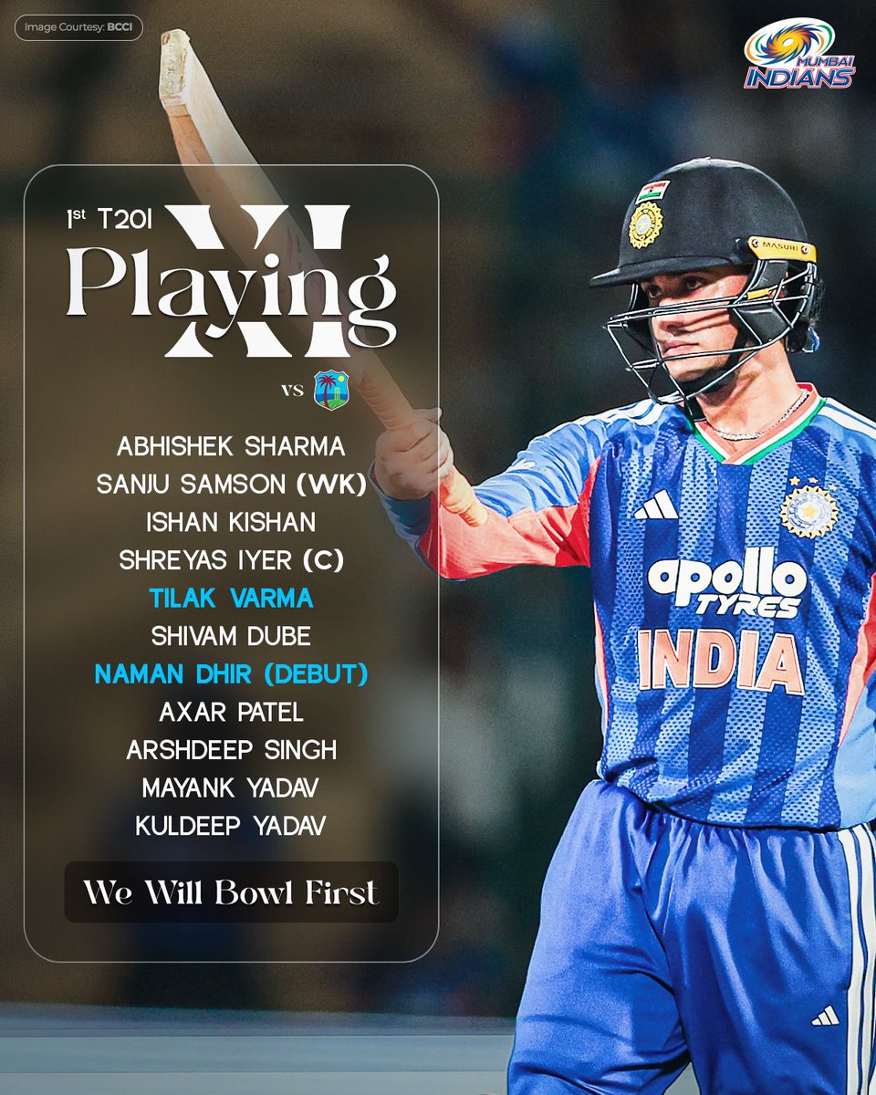 mipaltan's tweet photo. A 𝗗𝗘𝗕𝗨𝗧 for Naman in the shortest format too, as 🇮🇳 locks its Playing XI! 💙

#INDvWI https://t.co/rkb4kaYrL6