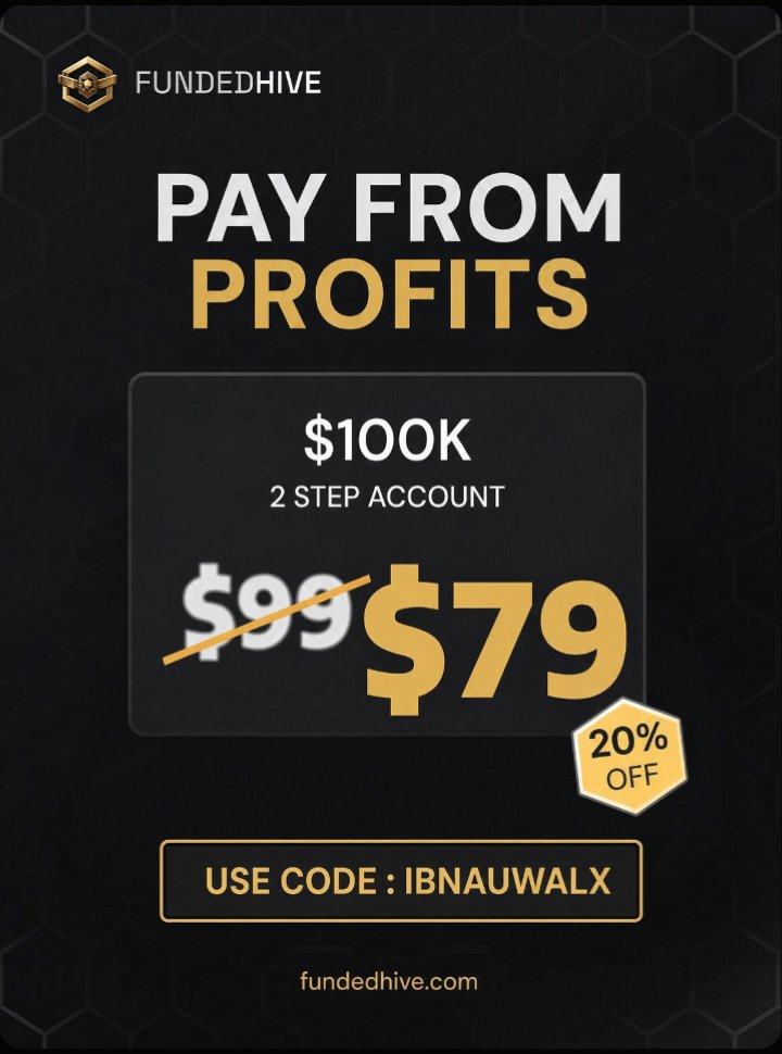 IbnAuwalX's tweet photo. 🔥 $100K Pay From Profits  just $79 with code HIVE.

📰 News trading allowed
✅ No consistency rules
💰 Daily payouts

📈 $100K 2-Step PFP account built for traders who want flexibility without paying the full fee upfront.

CODE🔖IBNAUWALX to get 20% off

Join the Hive today 🐝
https://t.co/vFLppEjy6S