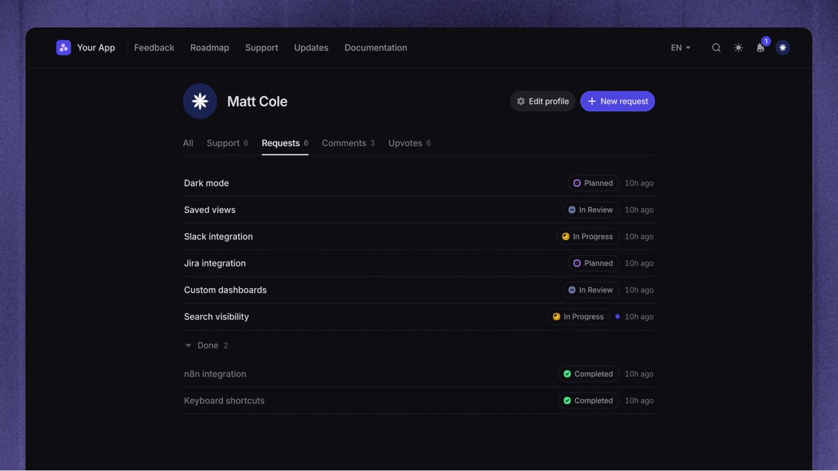 FeaturebaseHQ's tweet photo. New user profiles 👤

Customers can now see their requests, tickets &amp; chats in one place, with clear statuses &amp; recent replies.

It’s easier to see where their issues stand. https://t.co/JvutagYqVg