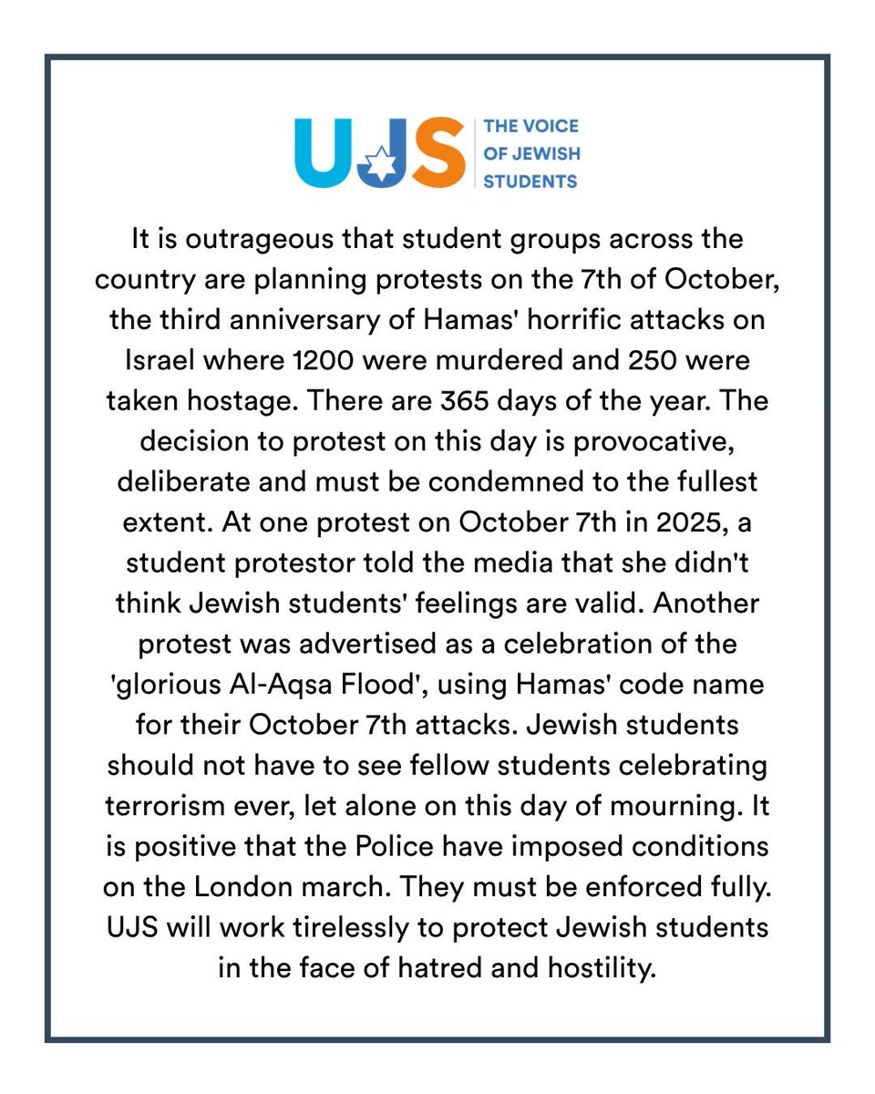 UJS_UK's tweet photo. Our statement on student marches on the third anniversary of October 7th https://t.co/fU1UQmXBso
