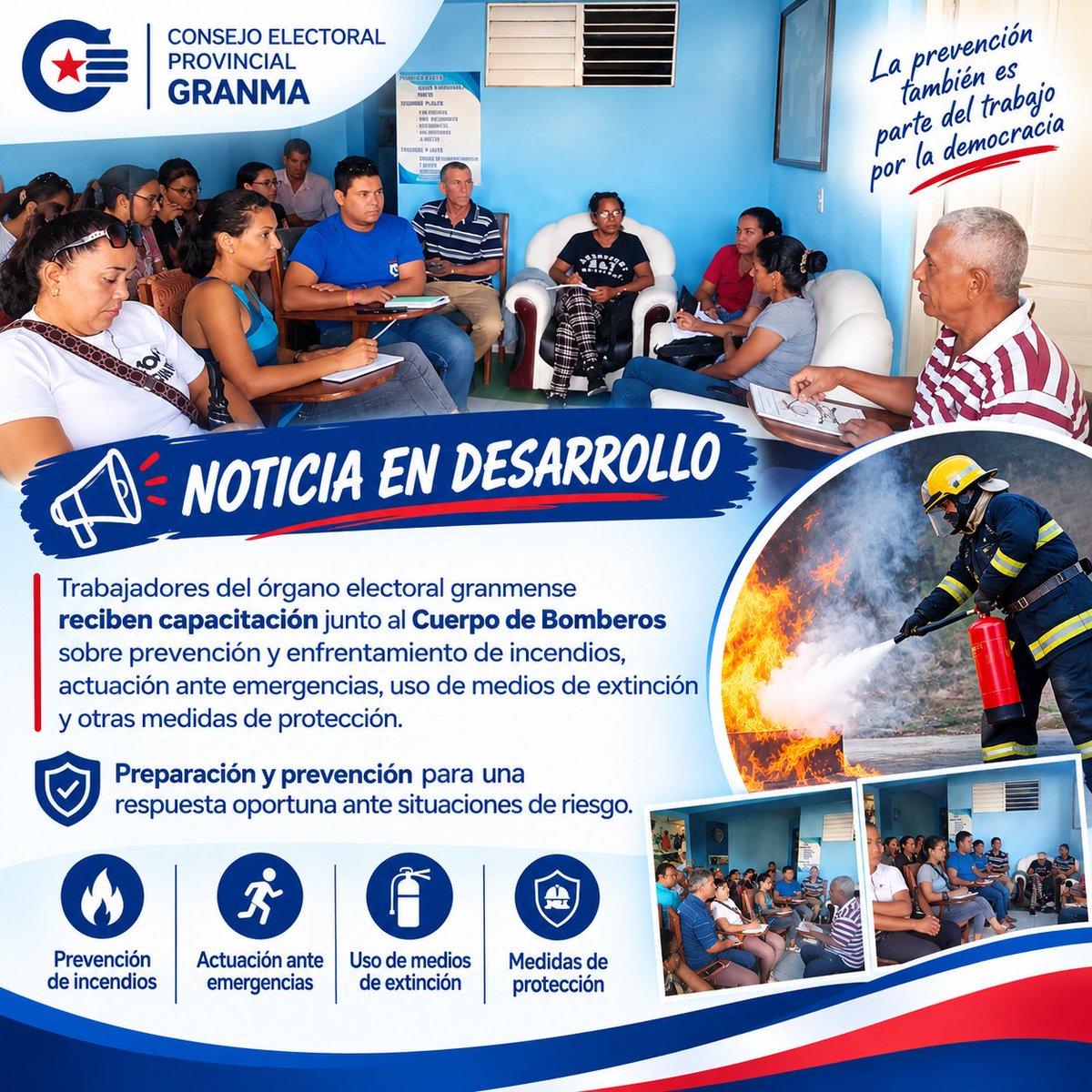 CEPGranma's tweet photo. Trabajadores del órgano electoral granmense reciben capacitación junto al Cuerpo de Bomberos sobre prevención y enfrentamiento de incendios, actuación ante emergencias, uso de medios de extinción y otras medidas de protección. Preparación y prevención para una respuesta oportuna! https://t.co/Jwyk9p4v9z