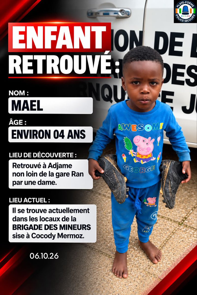 PSecours225's tweet photo. 🔴 ENFANT RETROUVÉ 

Le petit garçon qui s’appellerait Mael, âgé d’environ 04 ans, a été retrouvé à Adjamé, par une dame.
Sans aucune autre précision. Il est actuellement en sécurité à la Brigade des Mineurs.

Pour toute personne disposant d’infos, merci de joindre la brigade. https://t.co/SMtLNIgaEA
