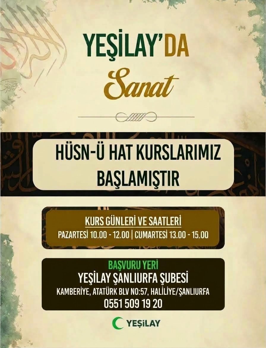 YesilayUrfa's tweet photo. Yeşilay Şanlıurfa Şubemizde ücretsiz Hüsn-ü Hat kurslarımız devam ediyor. ✨
Siz de geleneksel sanatlarımızla tanışmak, kendinize vakit ayırmak ve yeni beceriler kazanmak için hemen kaydolun👇
🗓 Günler: Pazartesi (10.00 - 12.00) | Cumartesi (13.00 - 15.00)
📍 Yer: Yeşilay Şanlıurfa Şubesi (Kamberiye, Atatürk Blv. No:57, Haliliye/Şanlıurfa)
📞 İletişim: 0551 509 19 20

@1920yesilay
@mehmetDinc1920
@hasansildak
@Aziz_Ciftci63
@SeyyidOzbek