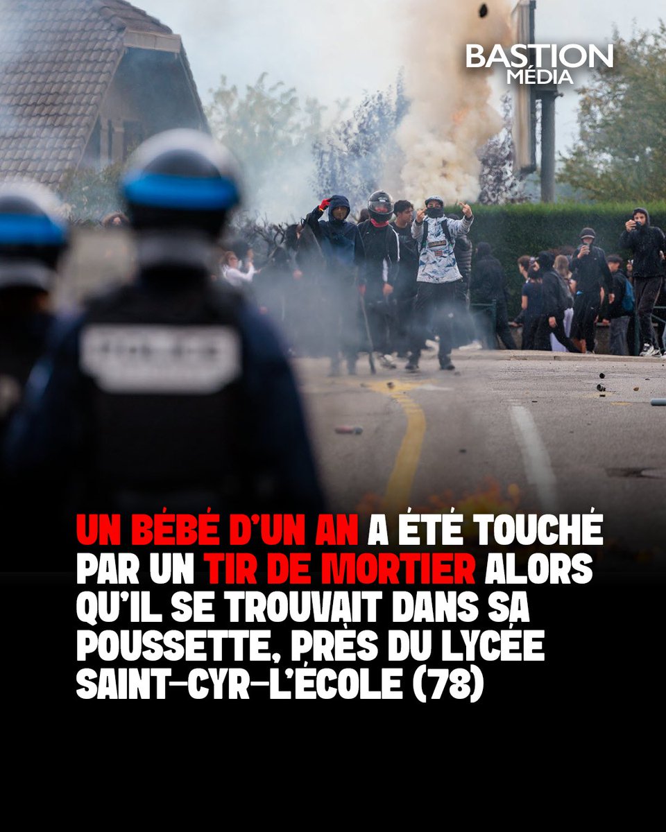 BastionMediaFR's tweet photo. ‼️🇫🇷 𝗔𝗟𝗘𝗥𝗧𝗘 𝗜𝗡𝗙𝗢 — Un bébé d’UN AN a été touché par un TIR DE MORTIER alors qu’il se trouvait dans sa poussette, en marge d’un blocus lycéen à Saint-Cyr-l’École (78), près de Versailles.

Une lycéenne a tiré le mortier au ras du sol. Touché par l’explosion, le nourrisson a été pris en charge par les pompiers puis transporté à l’hôpital.

La lycéenne a été interpellée sur place et placée en garde à vue.

(Source : Le Parisien)