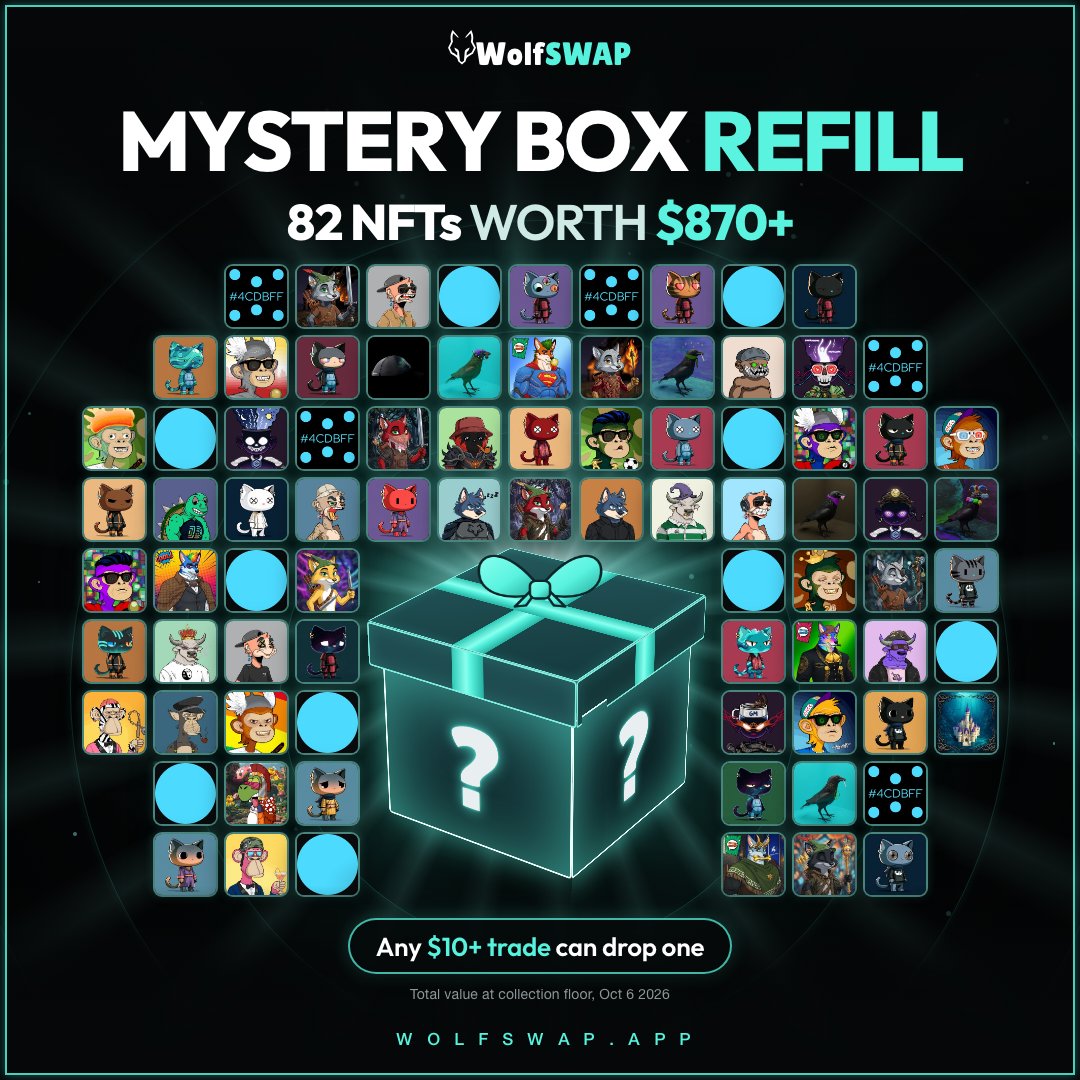 wolfswapdotapp's tweet photo. 82 NFTs from 17 collections just went in Mystery Boxes worth $870+
Wolfies, Mad Meerkat, HOODLERS GKK Castle, The DACC Pack, Krona Black Moon, Puppetz, COOL BULLZ and more
Mystery Box chance with any $10+ trade, only on https://t.co/AZq6JWf1Nc ๐บ https://t.co/789kuhaS1F