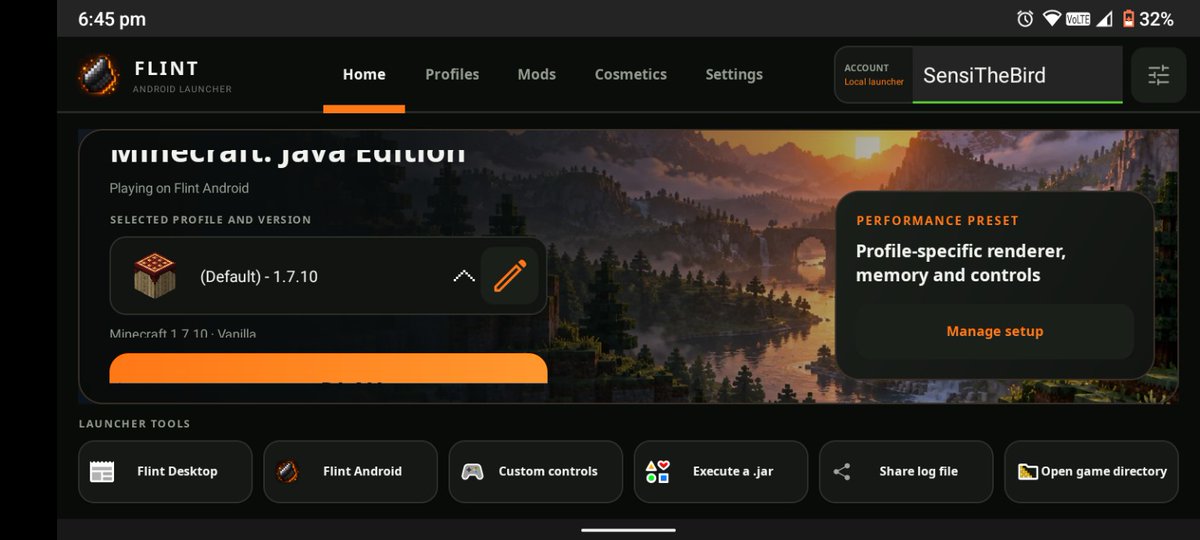 harshittpandayy's tweet photo. Day 4 of Flint Android 📱

Major landscape redesign today — now much closer to the Windows Flint experience.

→ Flint desktop-style navigation
→ Cinematic Home
→ Profile/version UI
→ Setup/performance section
→ Mods
→ Landscape-first
Still WIP. 🪨
#Minecraft #OpenSource https://t.co/U7ScEkGloM