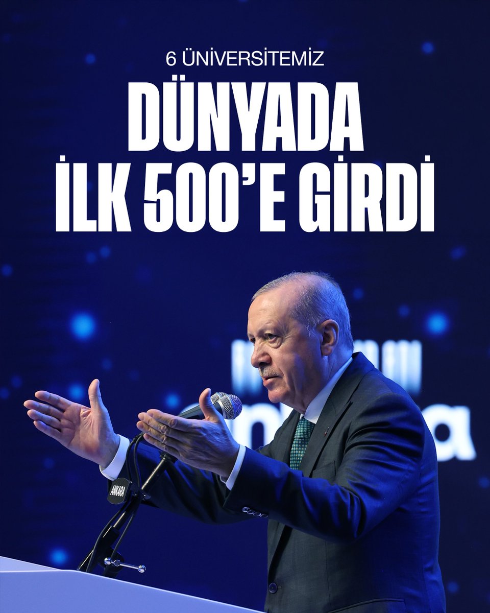 RTErdogan's tweet photo. 2026 yılında 2’si ilk 300 içinde olmak üzere toplam 6 üniversitemiz ilk 500’e girdi.

Orta vadede en az 2 üniversitemizin dünyanın ilk 100 üniversitesi arasına girmesini hedefliyoruz.                                                                                                 

Bağımsız kuruluşların sıralamalarına baktığımızda, makale ve derleme türündeki yayınların sayısında 213 ülke arasında 15’inci sıradayız.

Özellikle araştırma üniversitelerimizin nitelikli yayın oranı %79’la OECD ortalamasını yakalamış durumda.

Uluslararası sıralamalardaki konumumuz da aldığımız mesafeleri küresel ölçekte tescil ediyor.