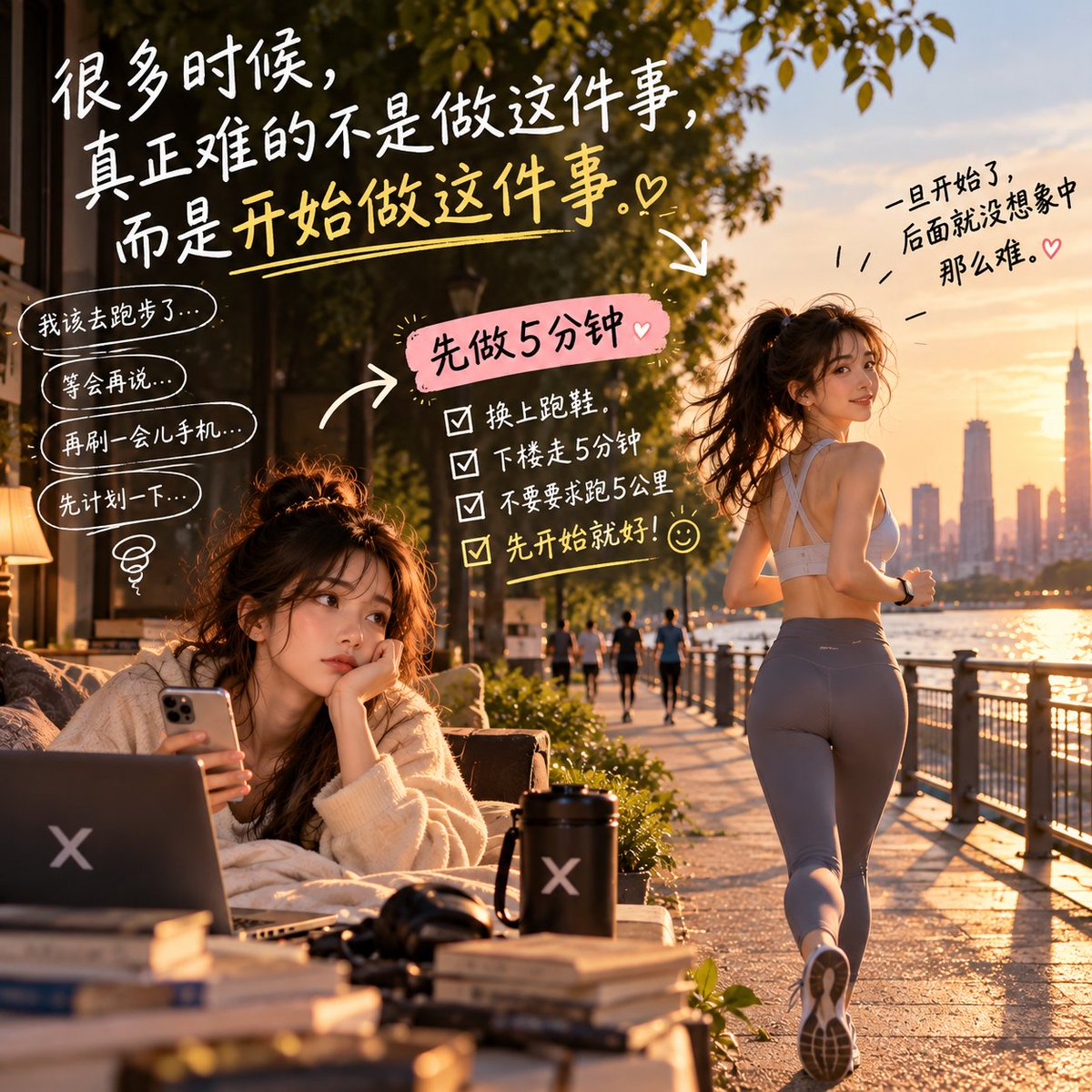 qiangdzrt's tweet photo. 很多时候，真正难的不是做这件事，而是开始做这件事。
明明知道该做什么，还是会拖一拖、刷会儿手机、再计划一下，最后半天过去了，第一步还没迈出去。
最近挺喜欢一个办法：先做 5 分钟。
不要求自己把报告写完，先写第一段；
不要求跑 5 公里，先换上鞋下楼走一会儿；
不要求一下学会，先把教程打开看 5 分钟。
目标一大，人就容易抗拒。把第一步缩小到几乎没理由拒绝，反而更容易动起来。
很多事，一旦开始了，后面就没想象中那么难。
所以从简单的开始，串个门，回个帖，互关，交个朋友🏃