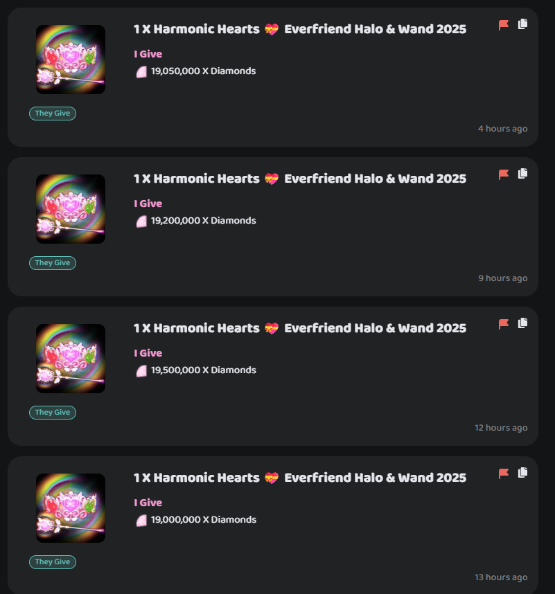 ayekarh's tweet photo. Traderie determining Royale High values is insane when people can freely make fake trades and skyrocket prices. Everyone just follows the highest fake trade and holds their items until it reaches that price, while Traderie DGAF and lets people use 4 alts to manipulate values. https://t.co/zeOmA3jEw2
