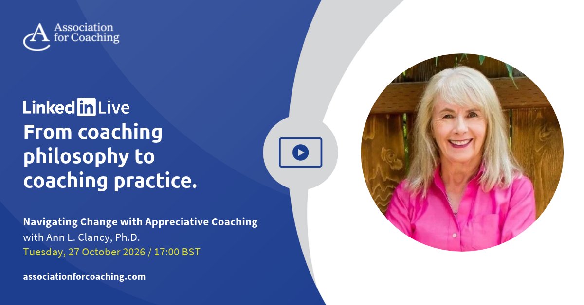 TheACglobal's tweet photo. Join Dr Ann L. Clancy on 6 October for a preview of the Appreciative Coaching webinar series, exploring partnership, science &amp; practical application.

📅 27 October
📍 Live on LinkedIn
🔗 https://t.co/nOjw1D1zpC

#ACGlobal #AppreciativeCoaching #Coaching #AssociationForCoachin https://t.co/TDY95XeV8S