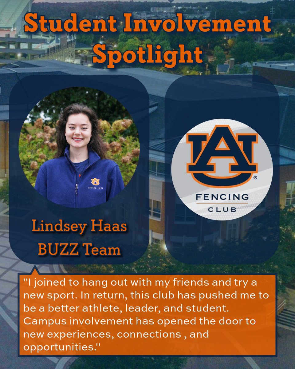 RFIDlab's tweet photo. Today we’re excited to spotlight Lindsey Haas from Buzz Team! Her dedication to the fencing club has shaped her college life and future aspirations. This experience shows how taking a chance can lead to life-long passion. War Eagle, Lindsey! https://t.co/wQyTZ184qQ