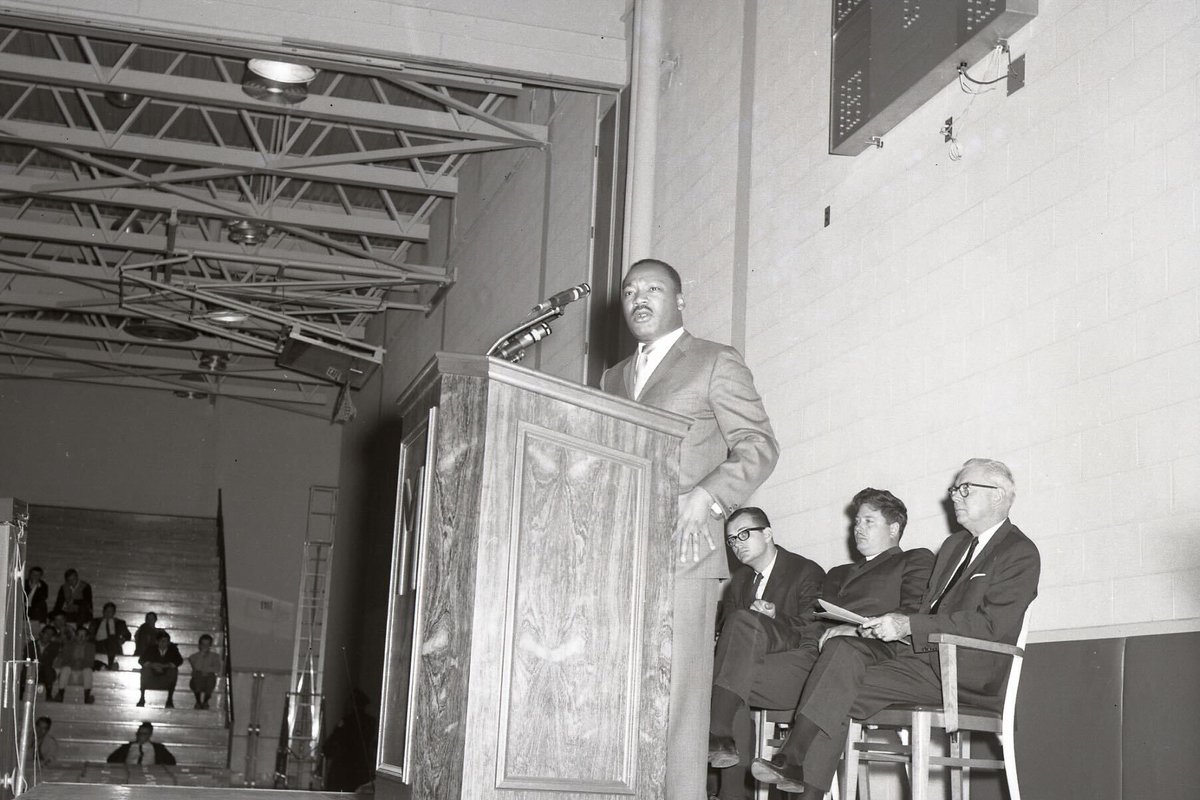 monmouthu's tweet photo. On this day in 1966, Dr. Martin Luther King Jr. visited our campus and delivered a speech in Boylan Gymnasium. Sixty years later, we celebrate his enduring legacy and the call to action he shared with the Monmouth community. 🕊️💙 🎧: Hear the speech in full: https://t.co/f5KBwpDIl2
