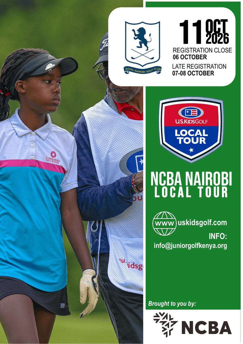 JGFKenya's tweet photo. NCBA U.S. Kids Nairobi Fall Local Tour heads to Royal Nairobi Golf Club for the penultimate event! โณ
๐ Royal Nairobi Golf Club
๐
Sunday, 11 Oct 2026
โฐ Registration: 6 Oct
โ ๏ธ Late Registration: 7โ8 Oct
๐https://t.co/XPo4VtBdpM
#uskidsgolf #goforit
@NCBABankKenya
@uskidsgolf https://t.co/zYG0B4I0Dx