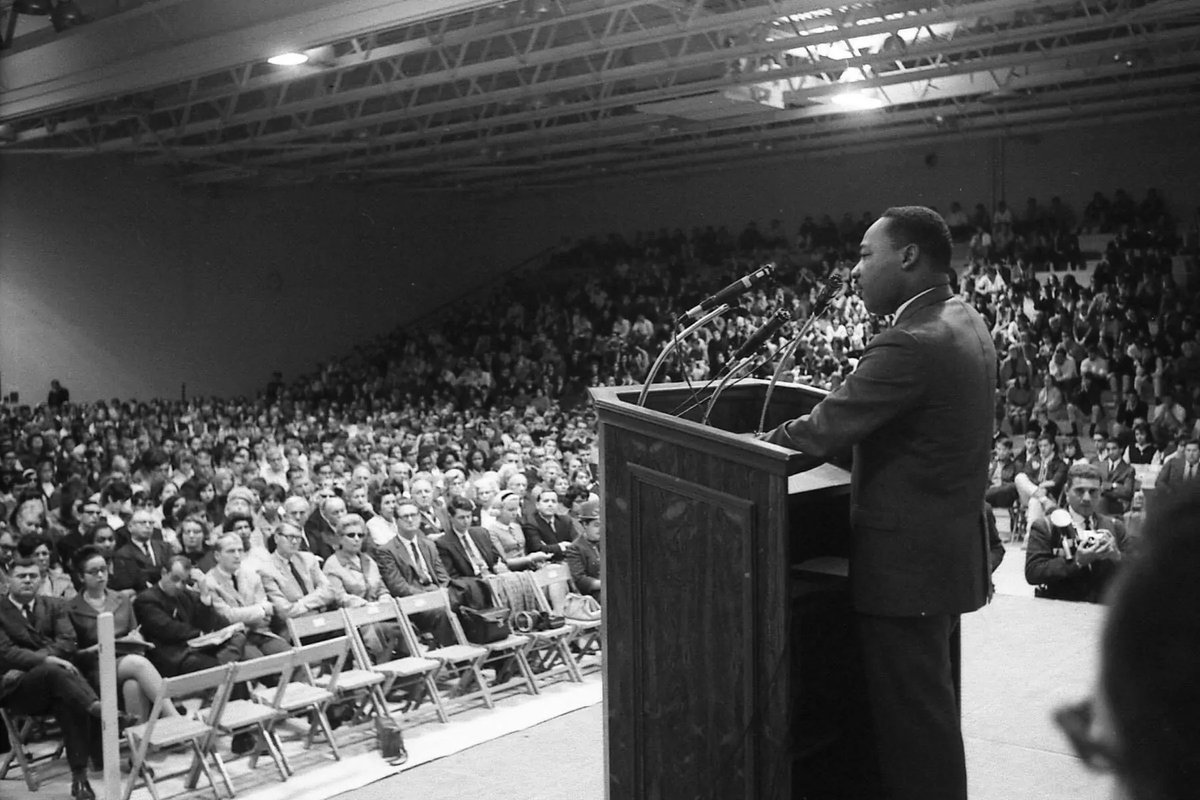 monmouthu's tweet photo. On this day in 1966, Dr. Martin Luther King Jr. visited our campus and delivered a speech in Boylan Gymnasium. Sixty years later, we celebrate his enduring legacy and the call to action he shared with the Monmouth community. 🕊️💙 🎧: Hear the speech in full: https://t.co/f5KBwpDIl2