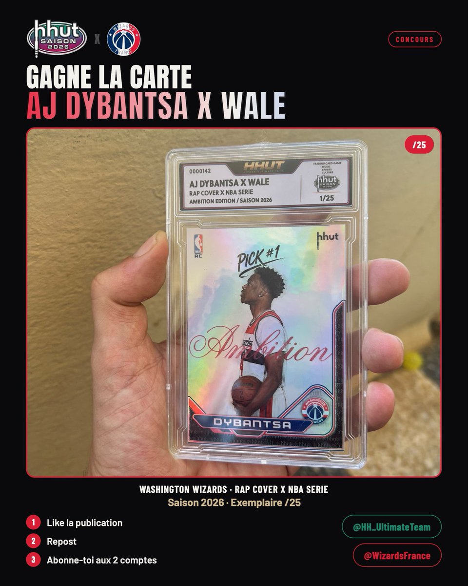 WizardsFrance's tweet photo. 🚨 CONCOURS 🚨

On te fait gagner cette AJ Dybantsa x Wale, Ambition Edition, exemplaire /25.

Pour participer :
1️⃣ Like ce post
2️⃣ Repost
3️⃣ Abonne-toi à @HH_UltimateTeam et @WizardsFrance

Tirage au sort le 11/10. Bonne chance 🍀 https://t.co/9L6eLBGjh2