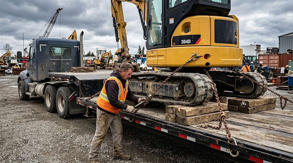 OpenDeckLoads's tweet photo. Keep heavy machinery secure on step-deck trailers with proper chain tension, smart blocking, and correct axle placement. Prevent shifting, damage, and compliance issues—practical tips here: https://t.co/ZYr9Eikuqc #LoadSecurement https://t.co/FnKvZL9GoV