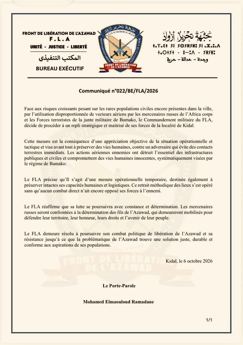 lsiafrica's tweet photo. 🚨Mali 🇲🇱 : Le Front de libération de l’Azawad (FLA) annonce le retrait de ses forces de Kidal, et déclare qu’il s’agit d’un « repli stratégique et maîtrisé ». Le mouvement armé affirme avoir quitté la ville sans affrontement terrestre direct et précise que cette décision est temporaire. Il dit vouloir préserver ses combattants, ses capacités logistiques et les civils encore présents à Kidal. 👇