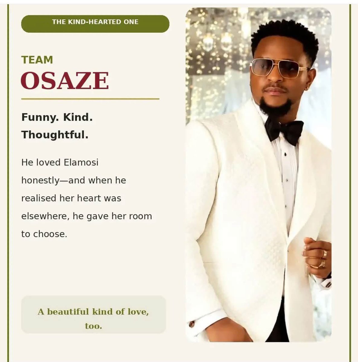 BrianEtimb98532's tweet photo. Osaze was such a GREEN FLAG😭❤️

The moment he realized, “Oh, this girl doesn’t love me the way I love her,” he didn’t force it. He didn’t become bitter. He didn’t guilt-trip her, insult her, or create unnecessary drama. He simply understood the situation and quietly removed himself.

Meanwhile, look at Wellington’s first reaction. He didn’t even give her the benefit of the doubt.

Osaze was emotionally present for her without trying to manipulate her into choosing him.

Honestly, in my opinion, Osaze would have been the better option for her in that movie. Sometimes the person who loves you quietly, respects your choices, and knows when to walk away is the real green flag.

#bimboademoye #My30thWedding #facebookviral