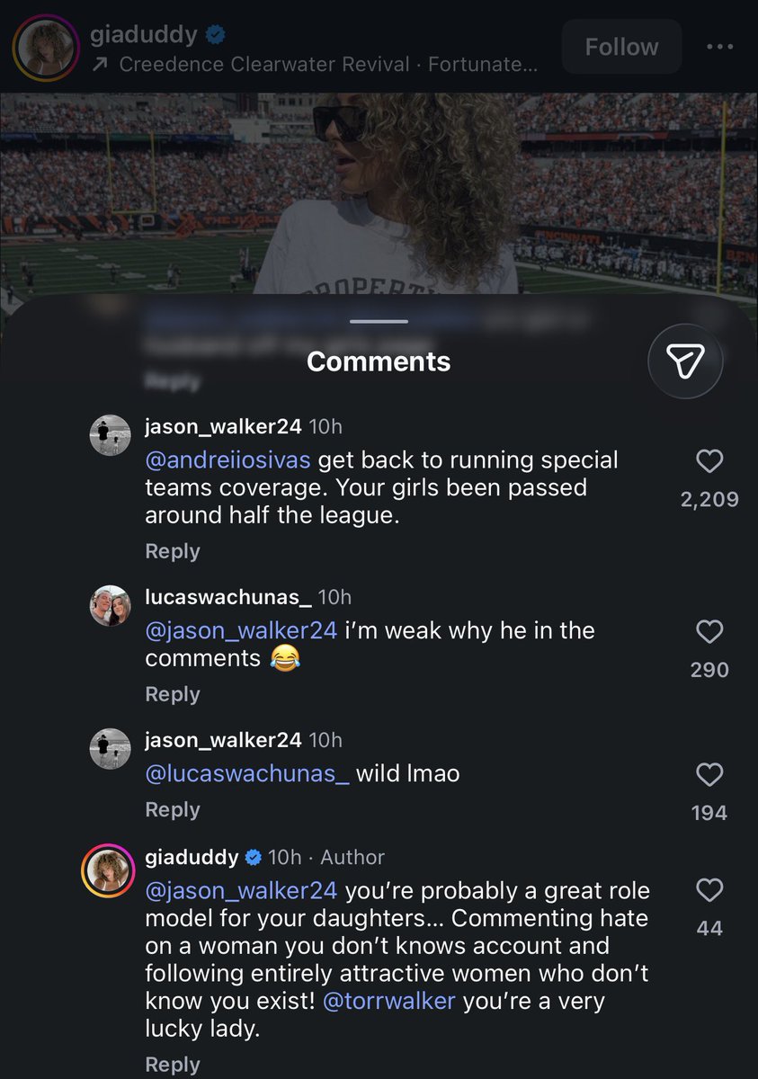 HaterReport's tweet photo. Bengals WR Andrei Iosivas and girlfriend Gia Duddy arguing with a dude on IG and trying to @ his wife to tell on him 😭 https://t.co/yYYrhUqG3R