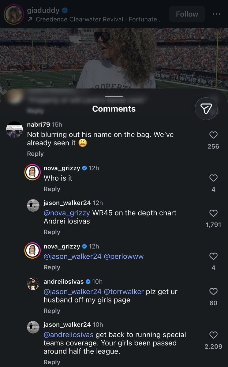 HaterReport's tweet photo. Bengals WR Andrei Iosivas and girlfriend Gia Duddy arguing with a dude on IG and trying to @ his wife to tell on him 😭 https://t.co/yYYrhUqG3R