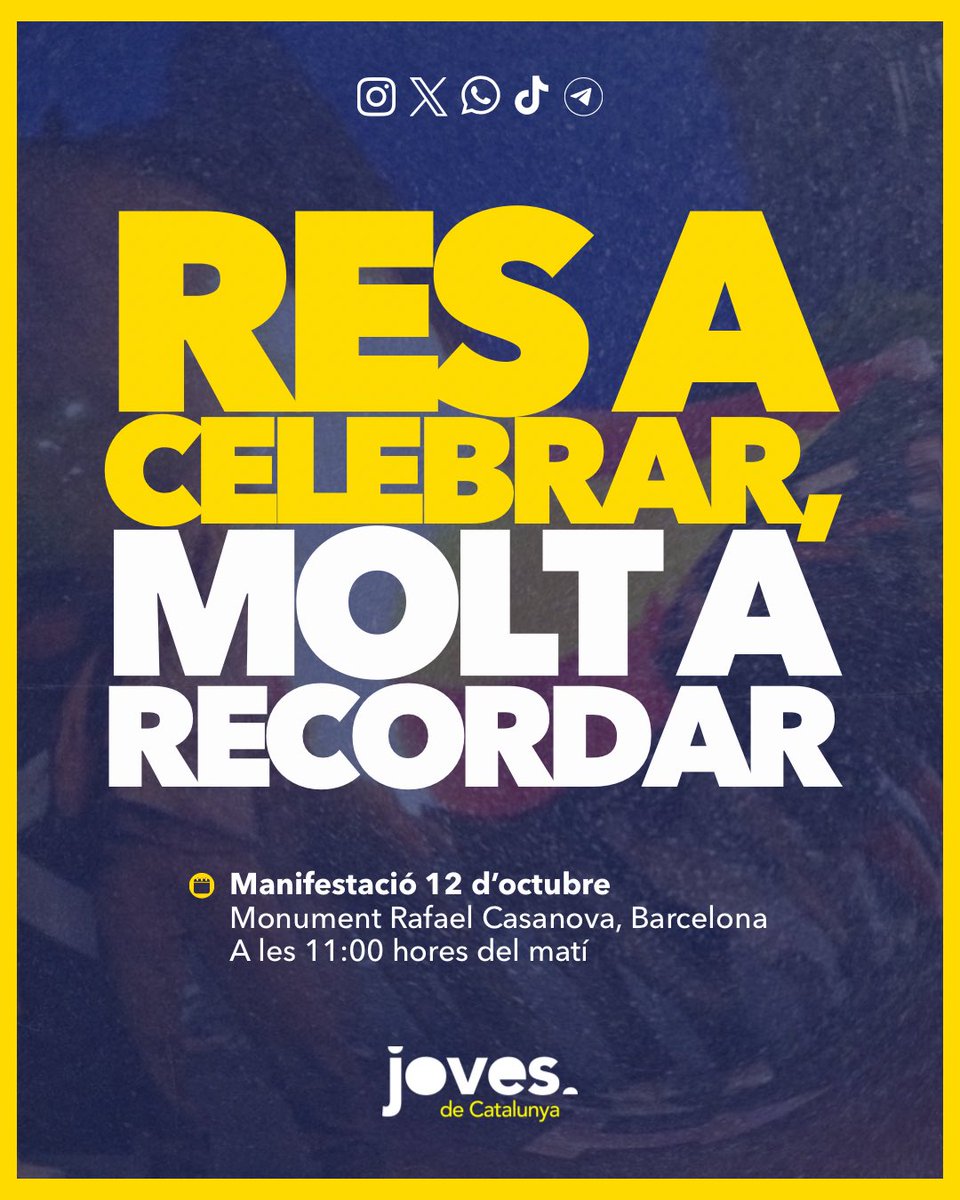 assembleajoves_'s tweet photo. 📣 RES A CELEBRAR. MOLT A RECORDAR.

El 12 d’octubre, dia de la Hispanitat, sortim al carrer per reivindicar que no hi ha res a celebrar i que tenim molta història per recordar.

Ho vam fer l’11 de setembre i l’1 d’octubre. Tornem-hi!

📍 Monument Rafael Casanova, BCN
🕚 11.00 h https://t.co/xUNlaqfd6s