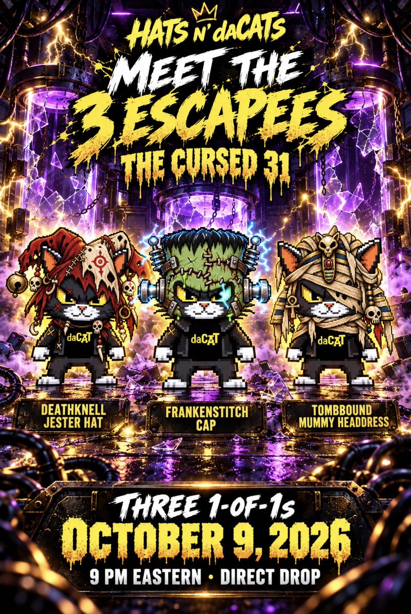 hatsndacats's tweet photo. MEET THE 3 ESCAPEES 🧪

Deathknell Jester Hat
Frankenstitch Cap
Tombbound Mummy Headdress

Three 1-of-1s. One of each.
THE CURSED 31.

October 9, 2026 • 9 PM Eastern
Direct drop. No riddle.

Set your alarms. Which one are you coming for? 👀 https://t.co/sZRaA9qf7v