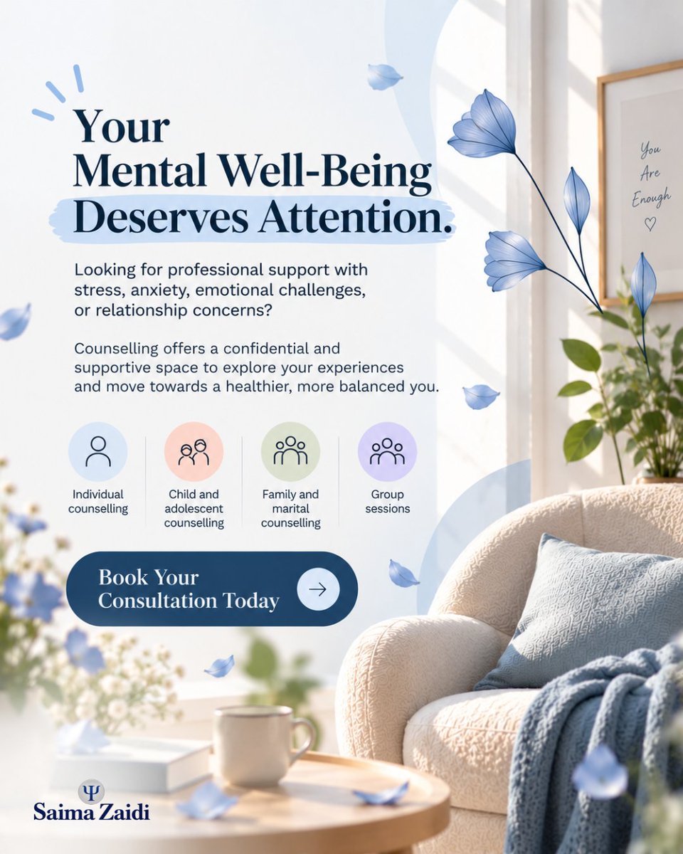 saimazaidi_'s tweet photo. Your mental well-being deserves the same care and attention as every other part of your life. 💙

📩 Book your consultation today.

#MentalWellbeing #Counselling #Psychotherapy #MentalHealthSupport #EmotionalWellbeing #Therapy #MentalHealthMatters https://t.co/xlqY7urmnp