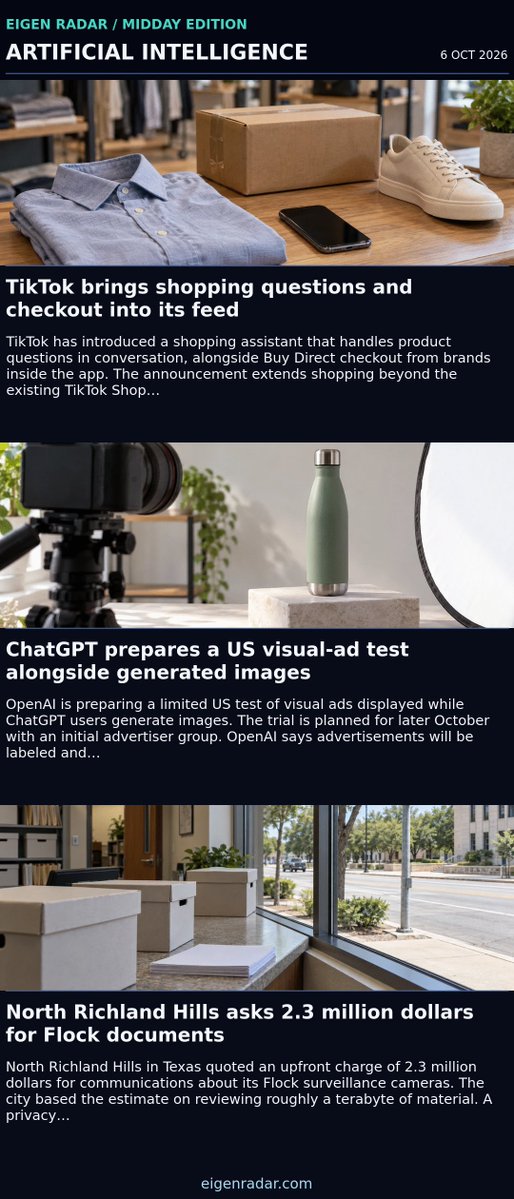 eigenradar's tweet photo. Eigen Radar Midday — Oct 6, 2026

• Hanning arrested in German state-secrets investigation
• German manufacturing orders fall 10.6 per cent after July’s large contracts
• TikTok brings shopping questions and checkout into its feed
• Women report more pain across all 11 body regions studied