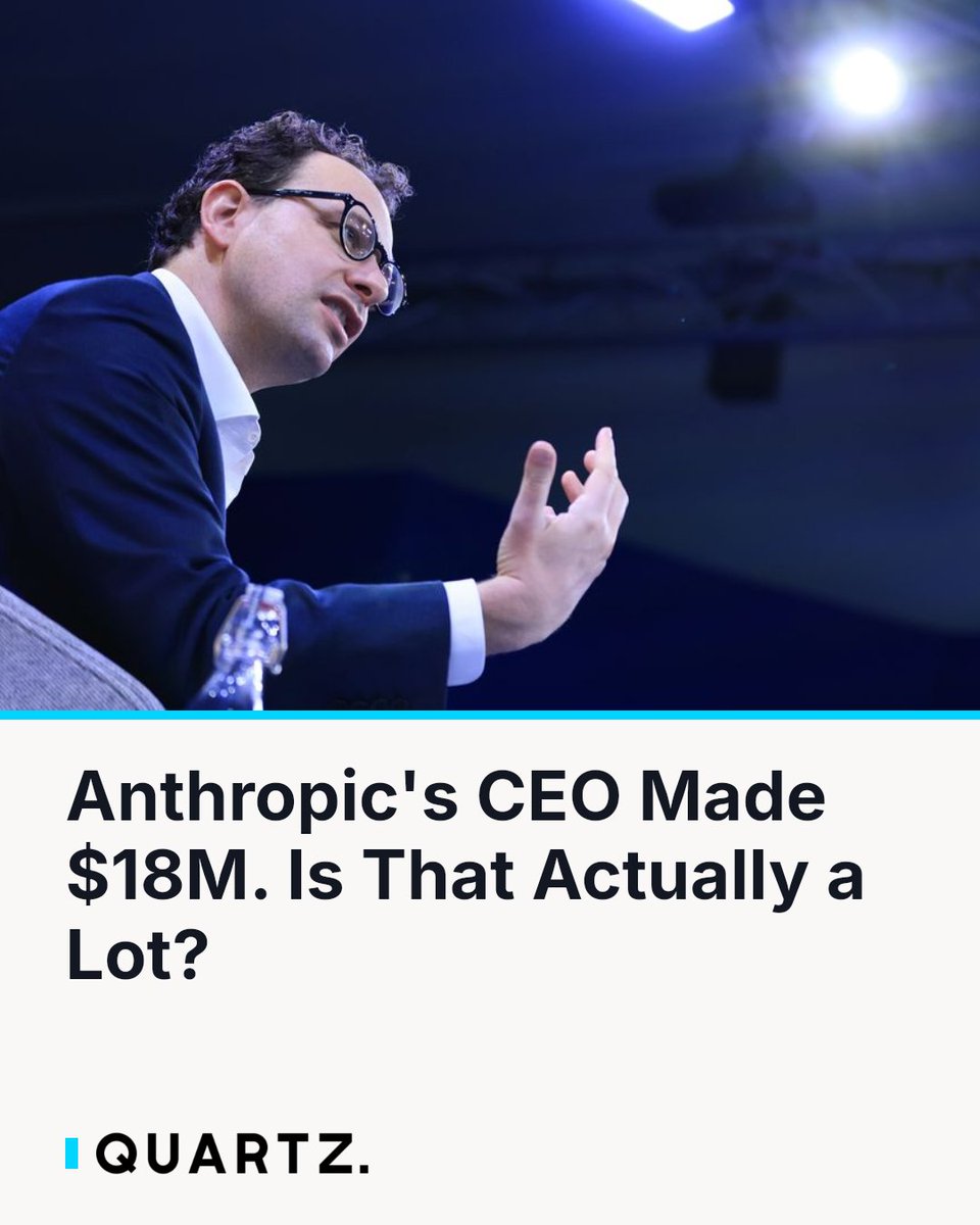 qz's tweet photo. Anthropic's CEO Made $18M. Is That Actually a Lot?
Anthropic's IPO filing reveals CEO Dario Amodei earned $18 million last year — below the S&P 500 CEO average and a fraction of what some peers pulled in. Wit
https://t.co/NnskmSyzpU
#AnthropicIPO #DarioAmodei #TechExecutivePay https://t.co/WI6FHaBOau