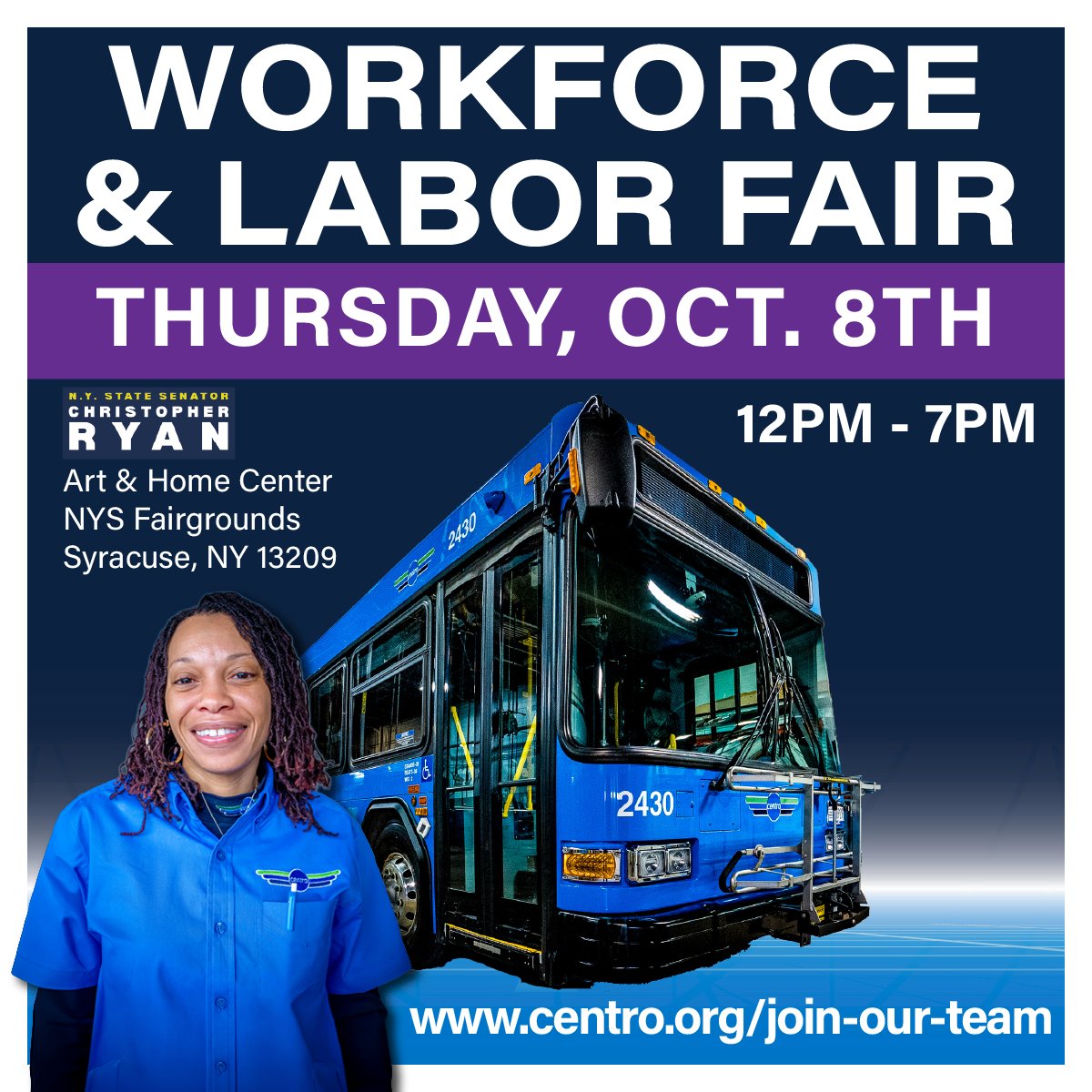 GoCentroBus's tweet photo. Centro will be participating in NYS Senator @chrisryanSD50's Workforce & Labor fair on Thursday, October 8th, from 12pm - 7pm at the NYS Fairgrounds Art & Home Center (Martha Eddy Room), Syracuse, NY 13209. For more information on available opportunities and to apply online, visit https://t.co/epQIFFUuRq