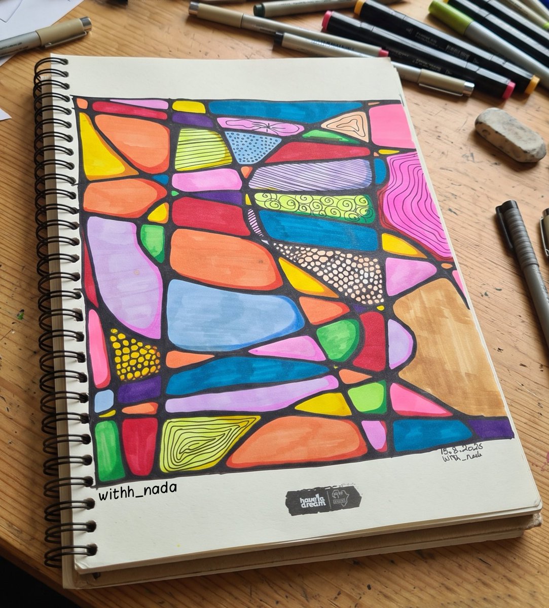 withh_nada's tweet photo. Just wanted to fill a page with colors 🎨🌈
Shapes, patterns, and zero overthinking.
#ArtWithNada #AbstractArt #MarkerArt #Sketchbook #artonX https://t.co/lEjCIRYbjW